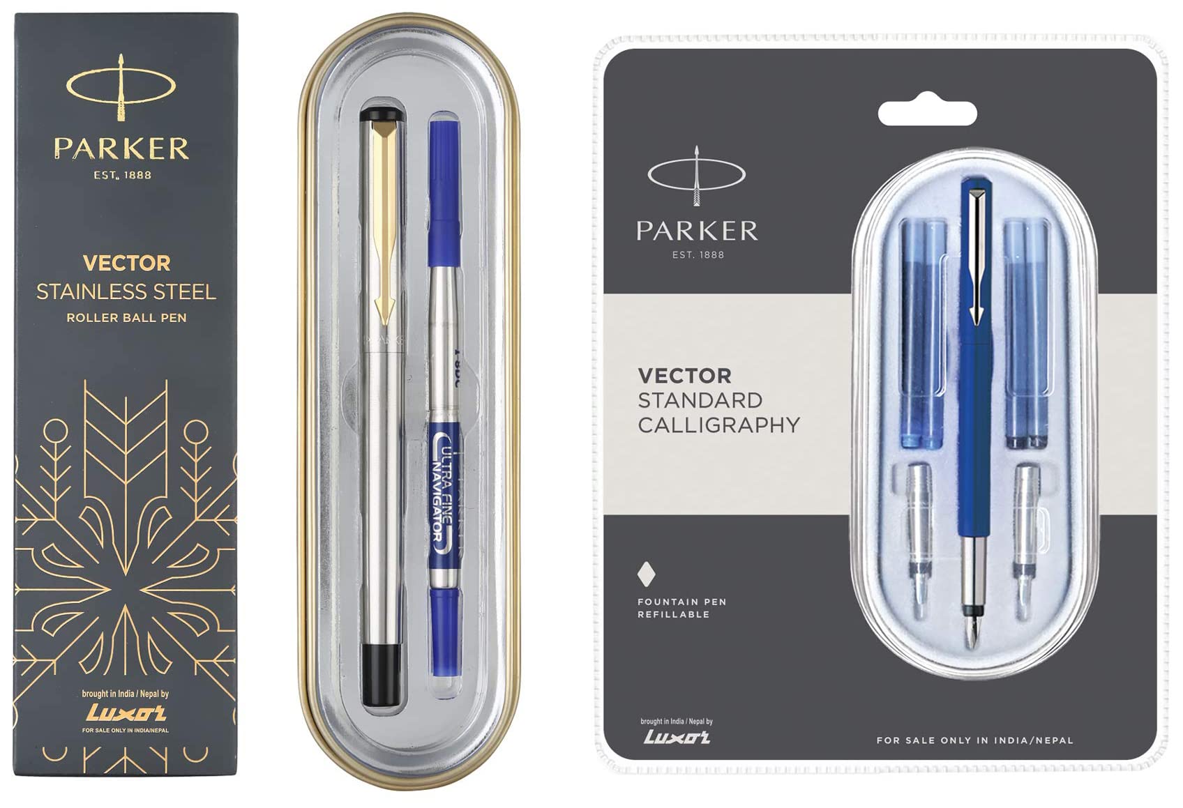 Moments Vector Gold Trim Roller Ball Pen (Silver) Vector Standard Calligraphy CT Fountain Pen (Blue)