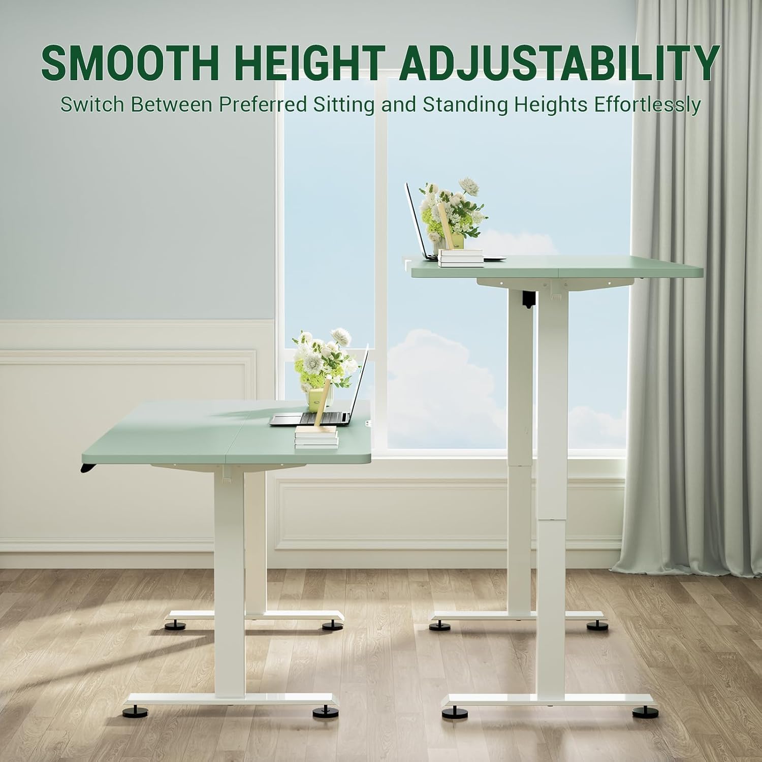 Veken 55 Inch Large Electric Standing Desk, 4 Memory Heights Adjustable,Sit to Stand Up, Work Home Office Computer Table for Study, Walking Pad, Writing, and Games, Wooden Desktop Desks, Green