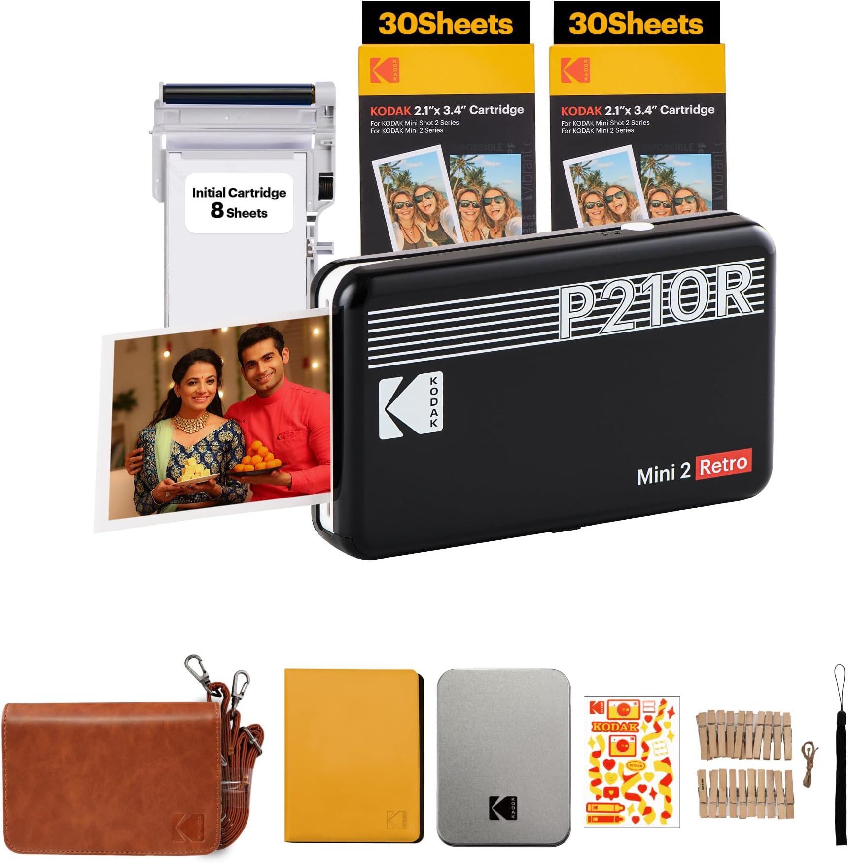 Kodak Mini 2 Retro 4Pass Portable Photo Wireless Colour Home Inkjet Printers(2.1X3.4 Inches) + 68 Sheets Gift Bundle, Black