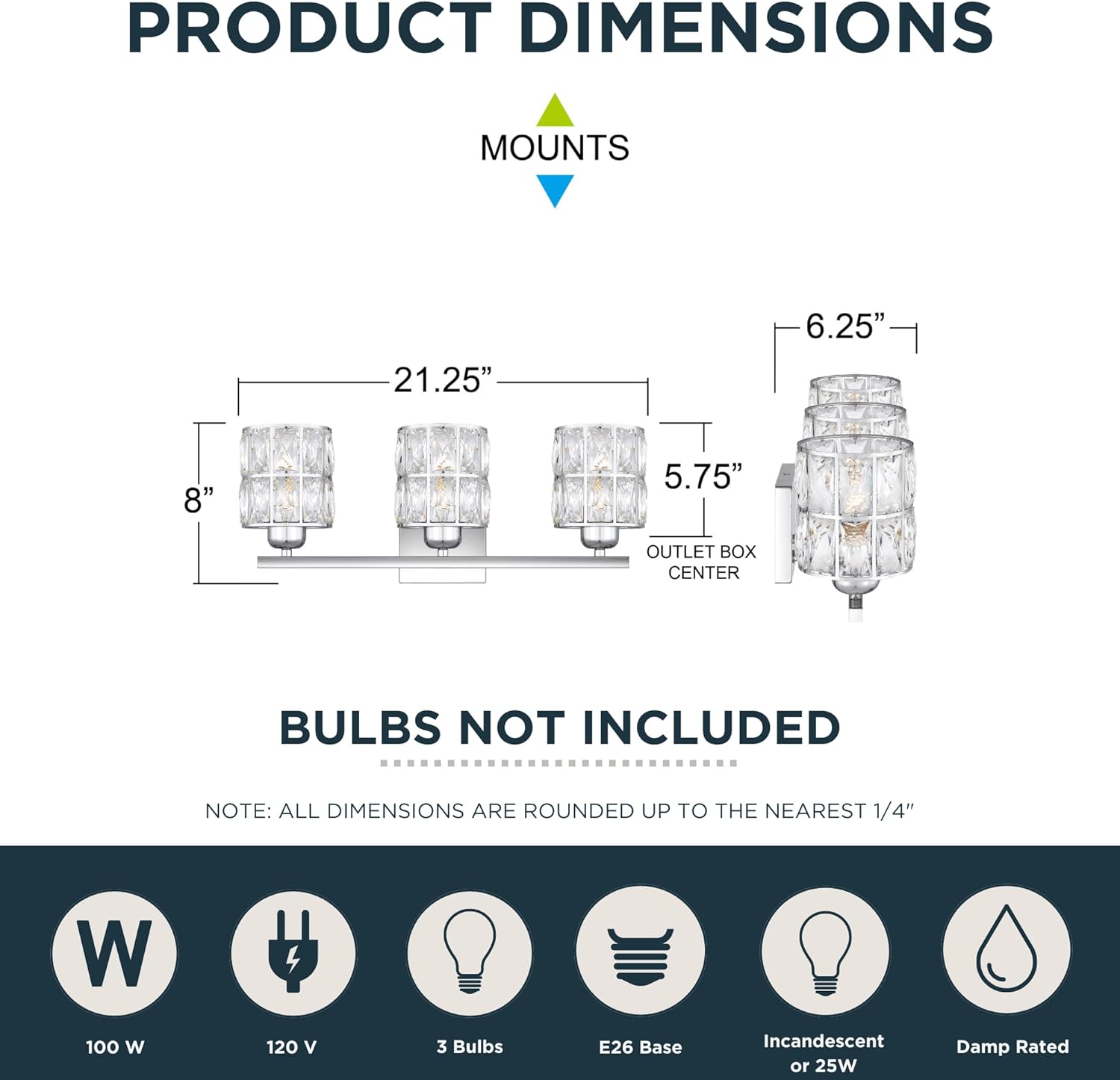 Quoizel Gibson 21" Glam Vanity Light, 3-Light, Polished Chrome Clear Crystal Glass, Dimmable, Up/Down Mount, ETL Damp-Rated