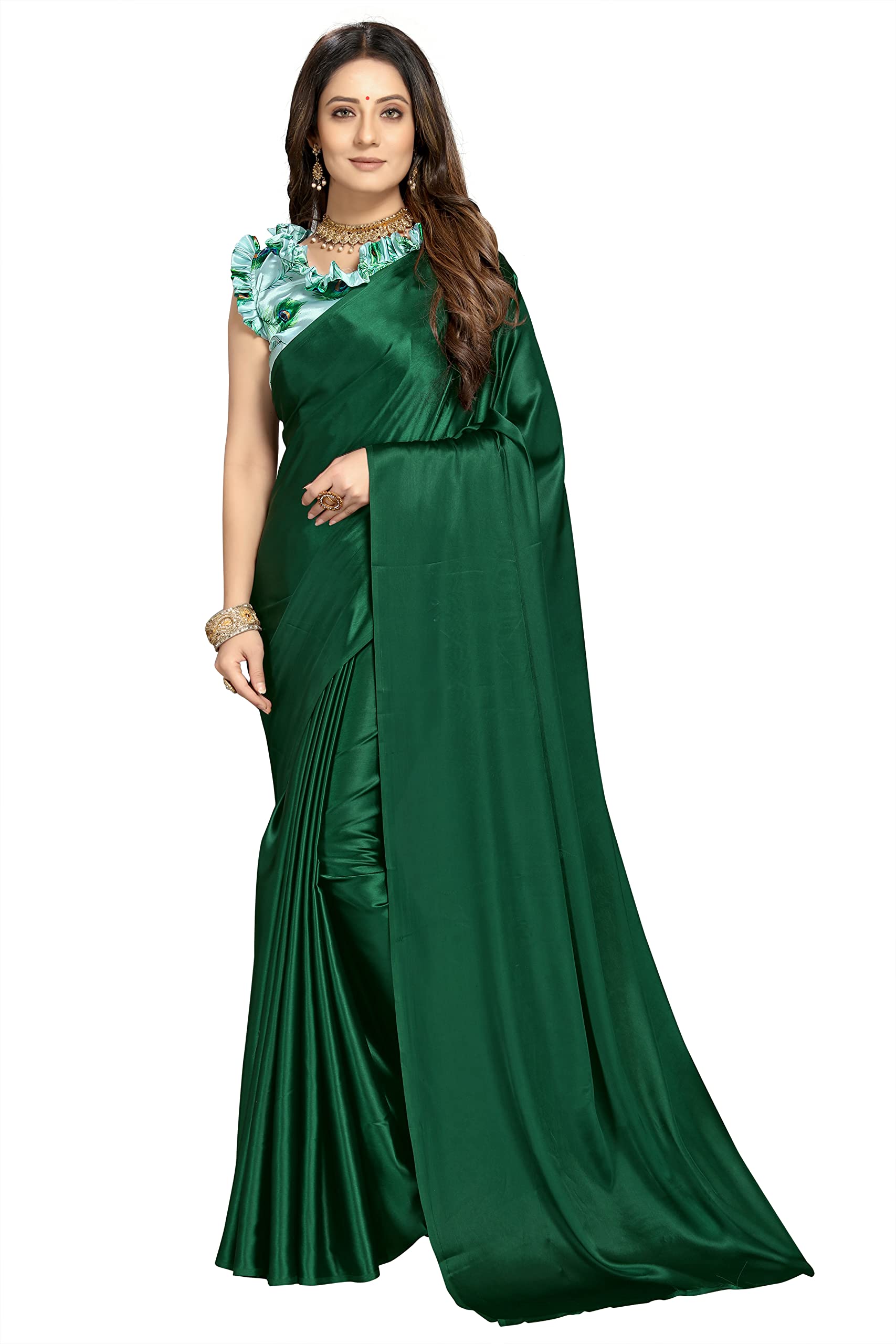 FLORESTA FASHION Women Soft Satin Silk Plain Saree With Art Silk Digital Printed Unstiched Blouse Piece.(Heavy Japan Satin Silk Saree of 5.5m saree length + 0.8m blouse piece)