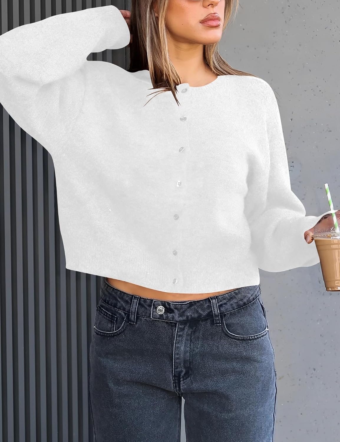 Kistore Womens Cropped Cardigan Sweaters Crew Neck Long Sleeve Button Up Sweaters Lightweight Knit Trendy Sweaters 2026