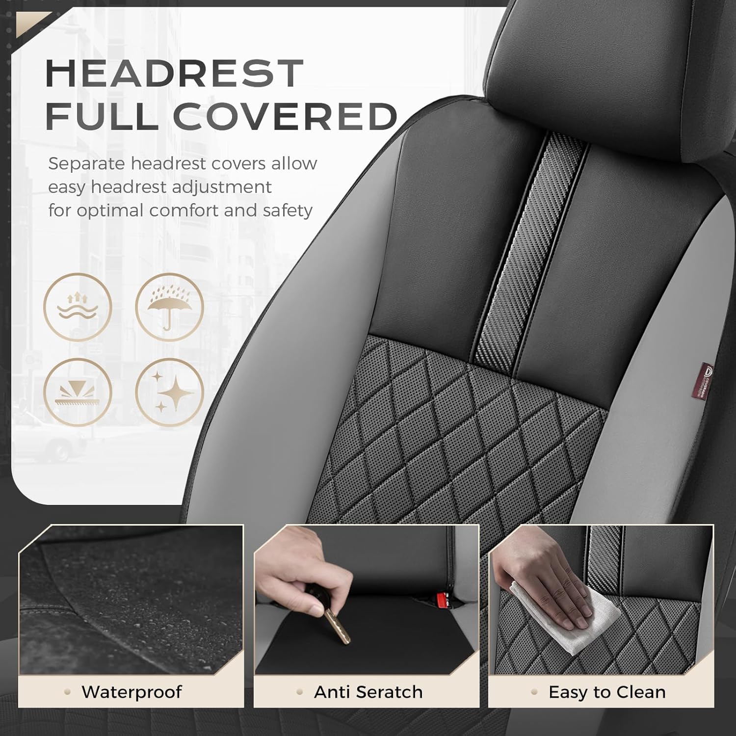 Coverado Car Seat Covers Full Set, Automotive Leather Seat Covers for Car，Universal Fit Front Back Seat Cover, Non-Slip Waterproof Breathable Car Seat Protector