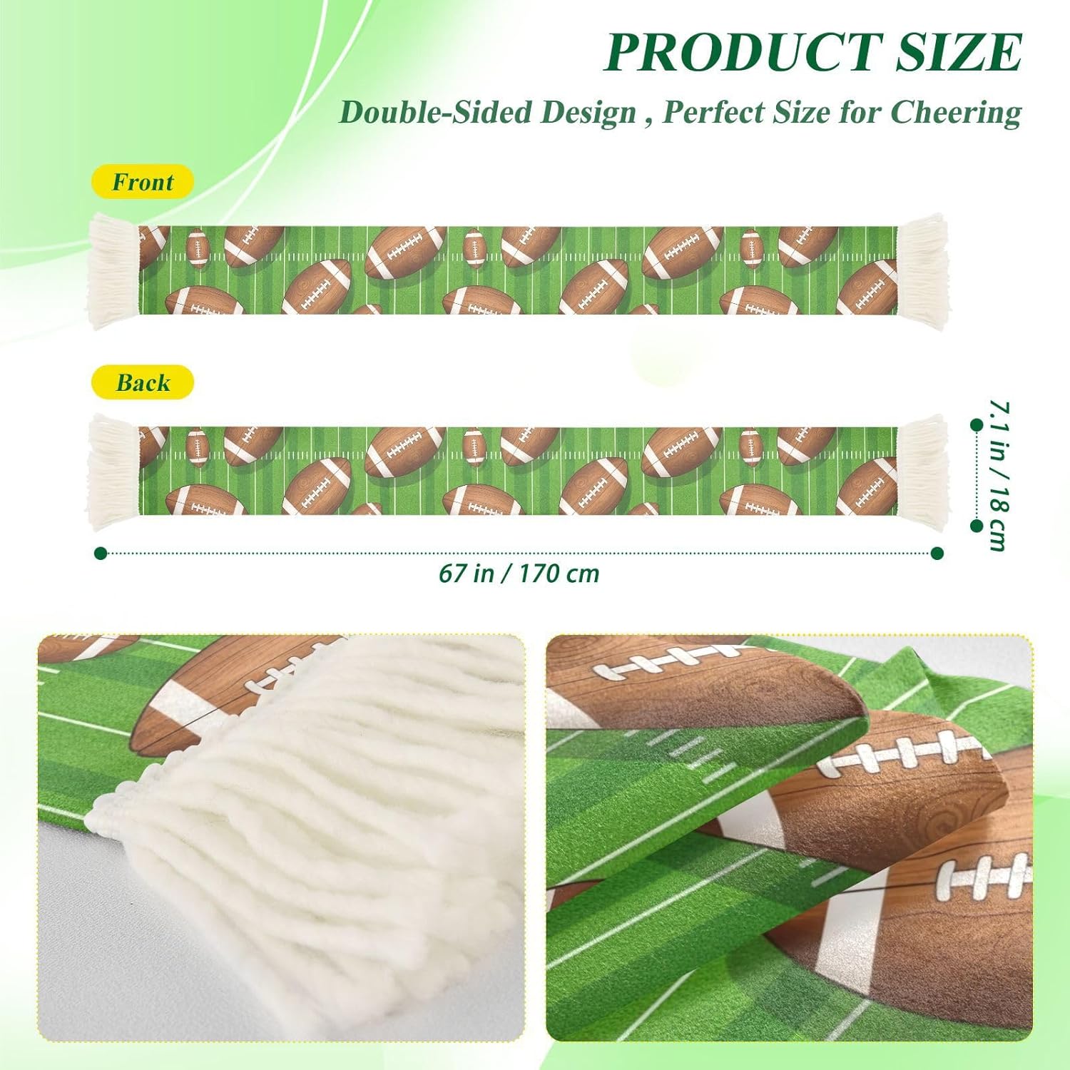 CHIFIGNO Cool Football Balls Green Sports Fan Scarf Towel, Soft Polyester Sweat Wipe Cheering Scarf for Soccer Games, Quick Dry with Fringe Ends