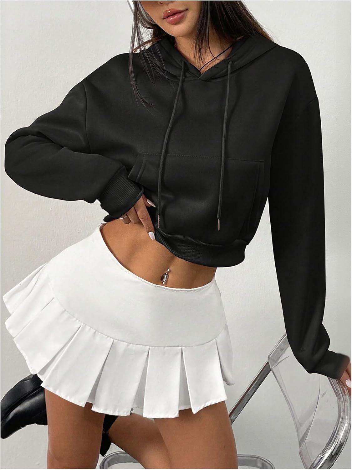 Verdusa Women's Crop Sweatshirt Long Sleeve Drop Shoulder Drawstring Hooded Loose Pullovers - Image 5