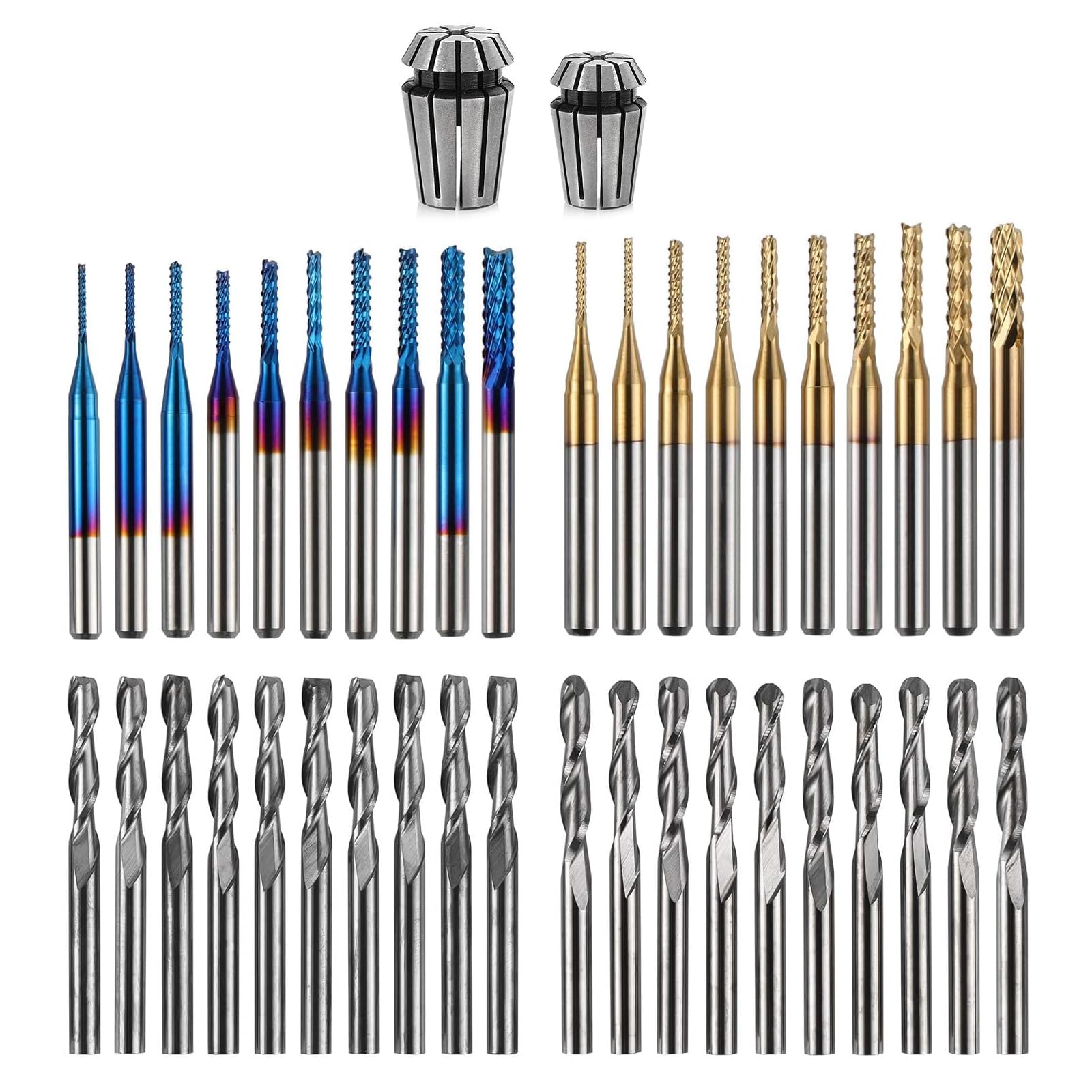 LUNYEE 40pcs End Mills CNC Router Bits with ER11, ER16 Collet, 1/8" Shank CNC Cutter Milling Carving Bit Set Including 2-Flute Flat Nose & Ball Nose, Nano Blue Coat & Titanium Coat Bits