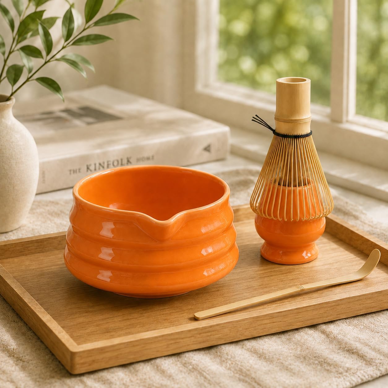 Matcha Bowl Set with Whisk Holder, 560ml Ceramic Chawan