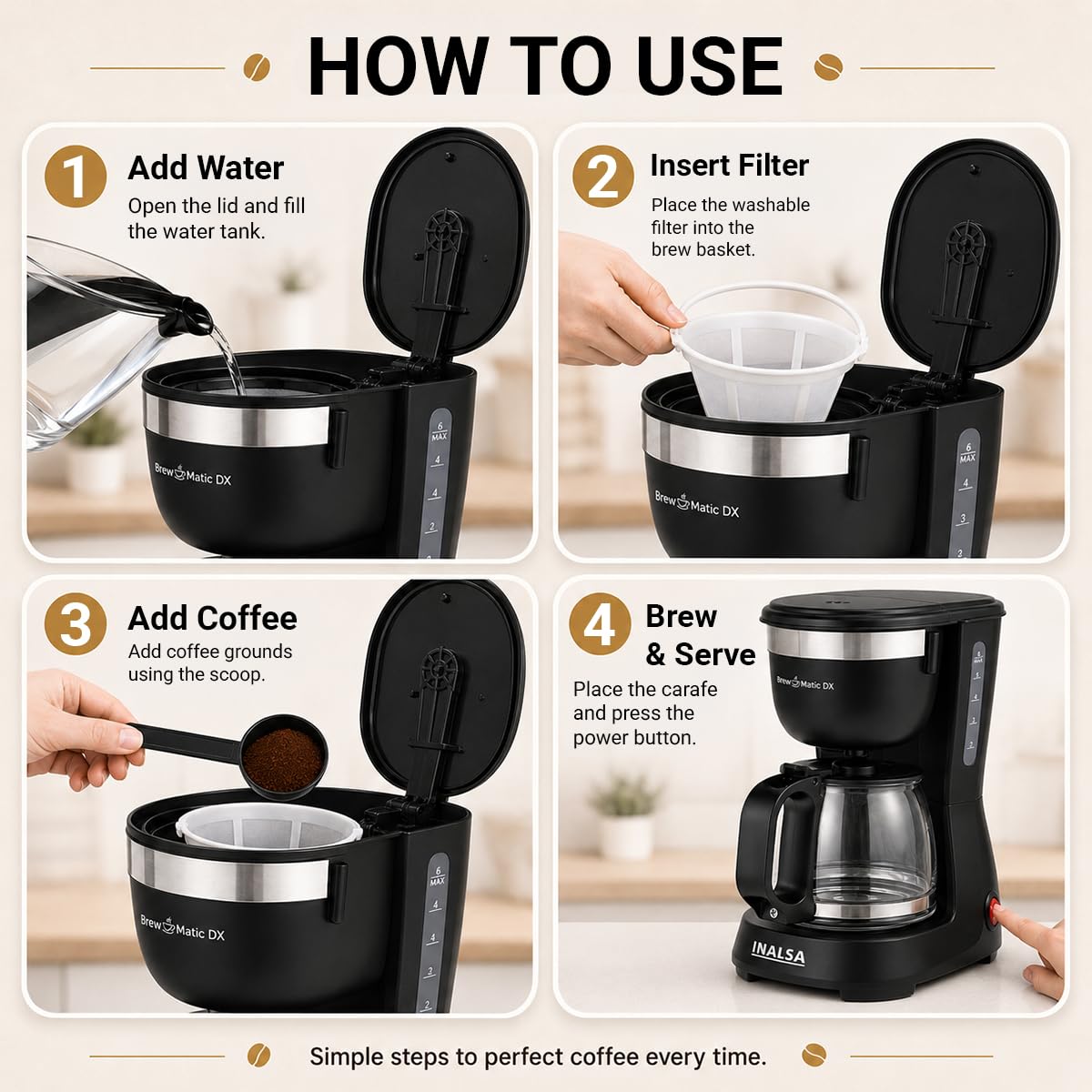 INALSA 6 Cups 650-Watt Coffee Maker with Anti Drip & Keep Warm Function|Overheat Protection|See Through 680 ML Carafe|630 ML Water Tank Capacity|Reusable Coffee Filter(Brew Matic DX) 3