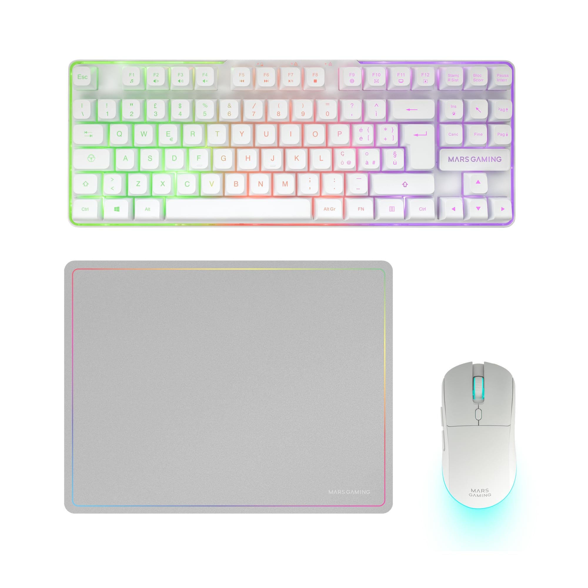 Mars Gaming MCPWTKL, Combo Gaming Inalámbrico, Tecnología DualPro Link 2.4GPRO, Teclado TKL FRGB Rainbow + Ratón RGB 3200DPI y Switches HUANO + Alfombrilla Antideslizante 360x260mm, Blanco, Italiano
