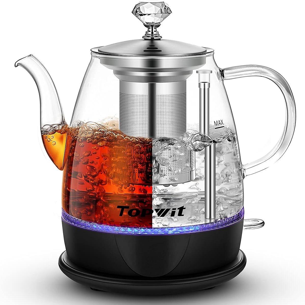 Topwit Hervidor eléctrico de vidrio de 1 litro, hervidor de té eléctrico con cuello de cisne, sin BPA | Infusor de té de acero inoxidable extraíble, apagado automático, protección contra ebullición en seco, doble propósito para agua caliente, té y café, negro