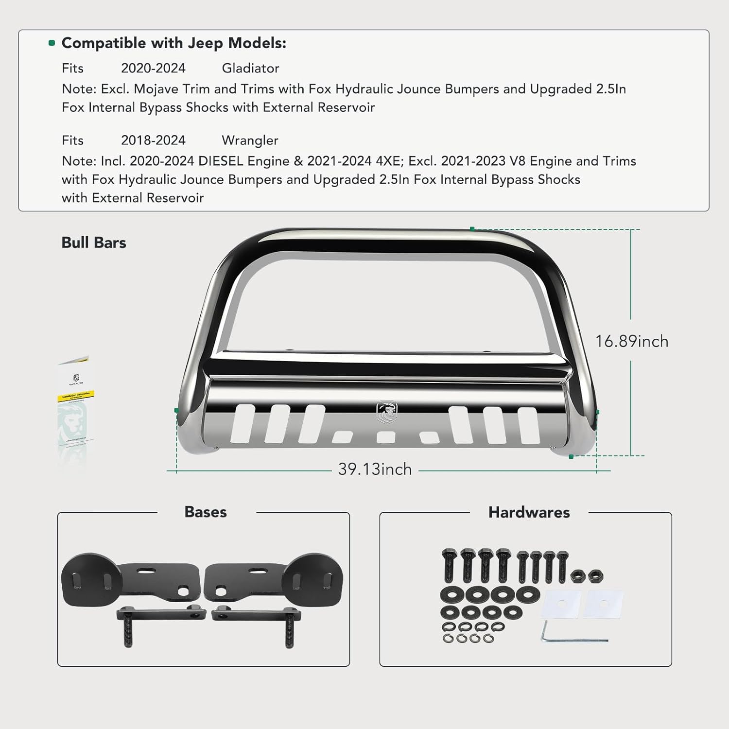 YHTAUTO 3" Bull Bar Push Bar with Skid Plate Light Mount Fit Jeep Wrangler 2018-2026, Gladiator 2020-2026, S/S 304 Brush Guard for Truck Front Bumper Off Road Accessories