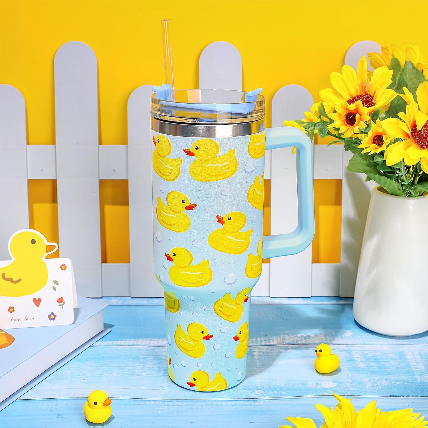 Whaline 40oz Yellow Duck Tumbler with Handle Straw and Lid Cute Animal Travel Tumbler Coffee Cup for Friend Holiday Birthday Party Favors - Image 5