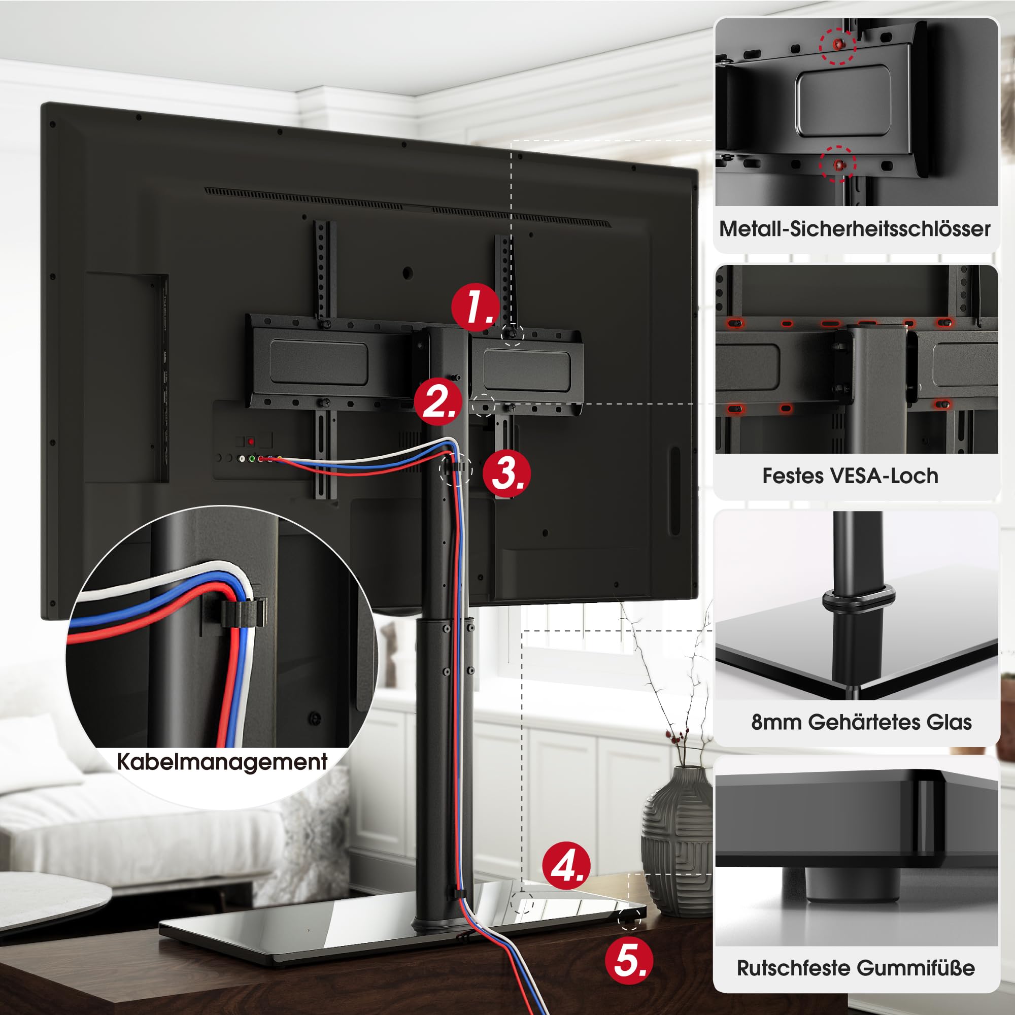 AOKCOS TV Standfuss TV Ständer Höhe 1130mm für 43-75 85 Zoll Fernseher, Neigbar Schwenkbar Höhenverstellbar Fernsehständer, Universal TV Standfüße Standfuss Max VESA 600x400mm 50KG (Schwarz)