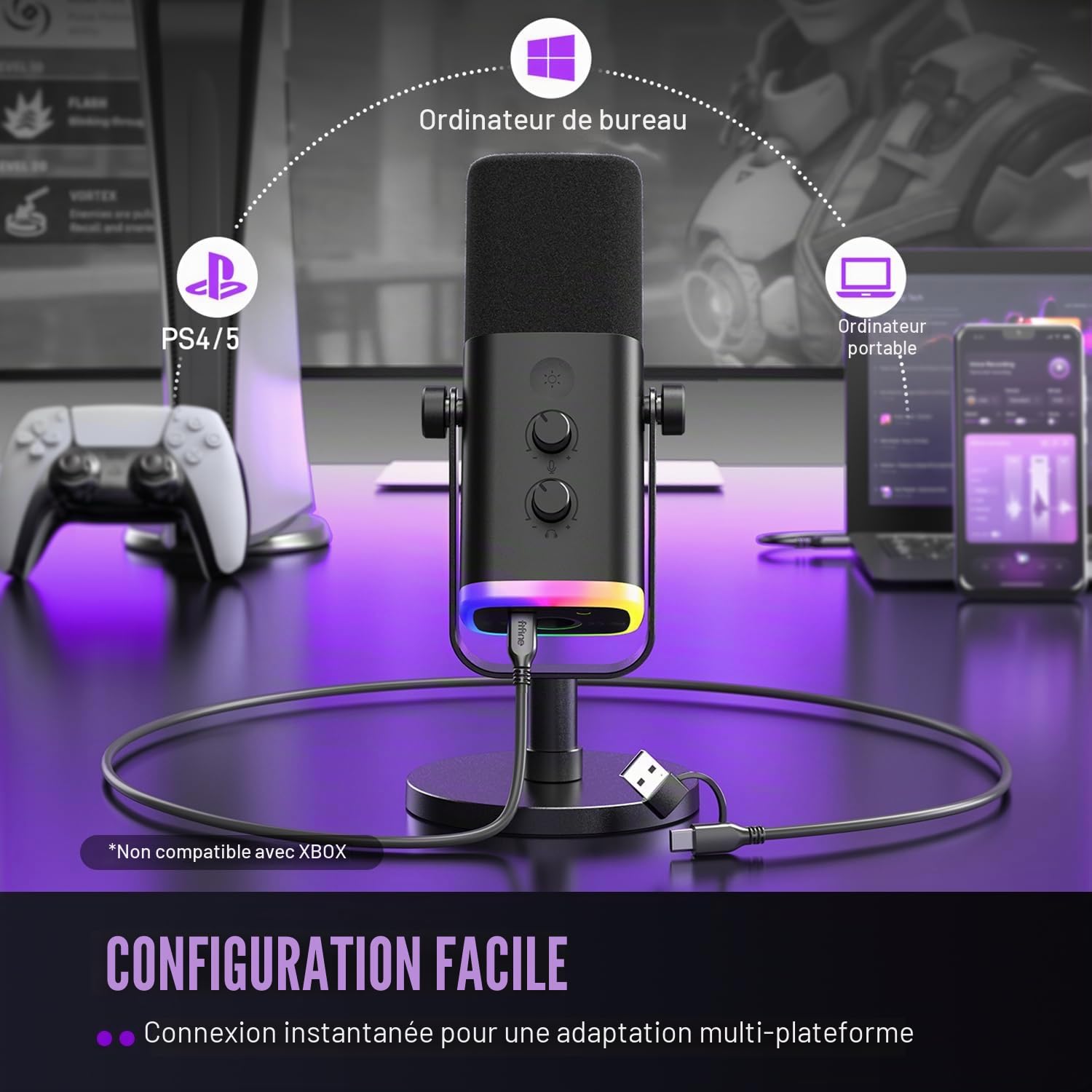 FIFINE Microphone dynamique USB/XLR pour enregistrement de podcast, microphone de jeu sur ordinateur PC avec lumière RVB, bouton muet, prise casque, support de bureau, micro vocal pour chanter
