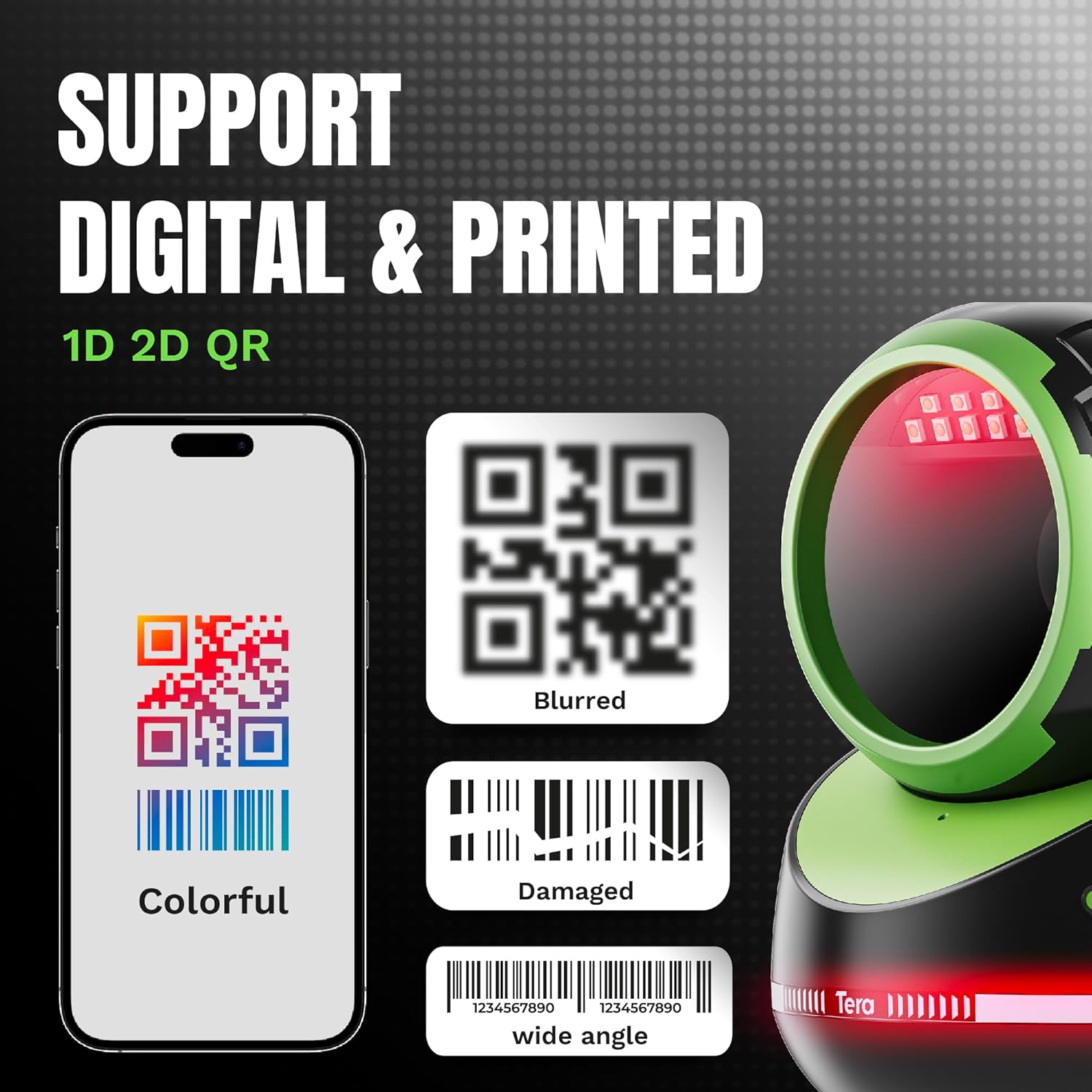 Tera Barcode Scanner Handsfree Omnidirectional: Pro Version Desktop 1D 2D QR USB Wired Adjustable Angle Plug and Play Bar Code Reader for POS Supermarket Retail Store Mobile Payment 9800 Green