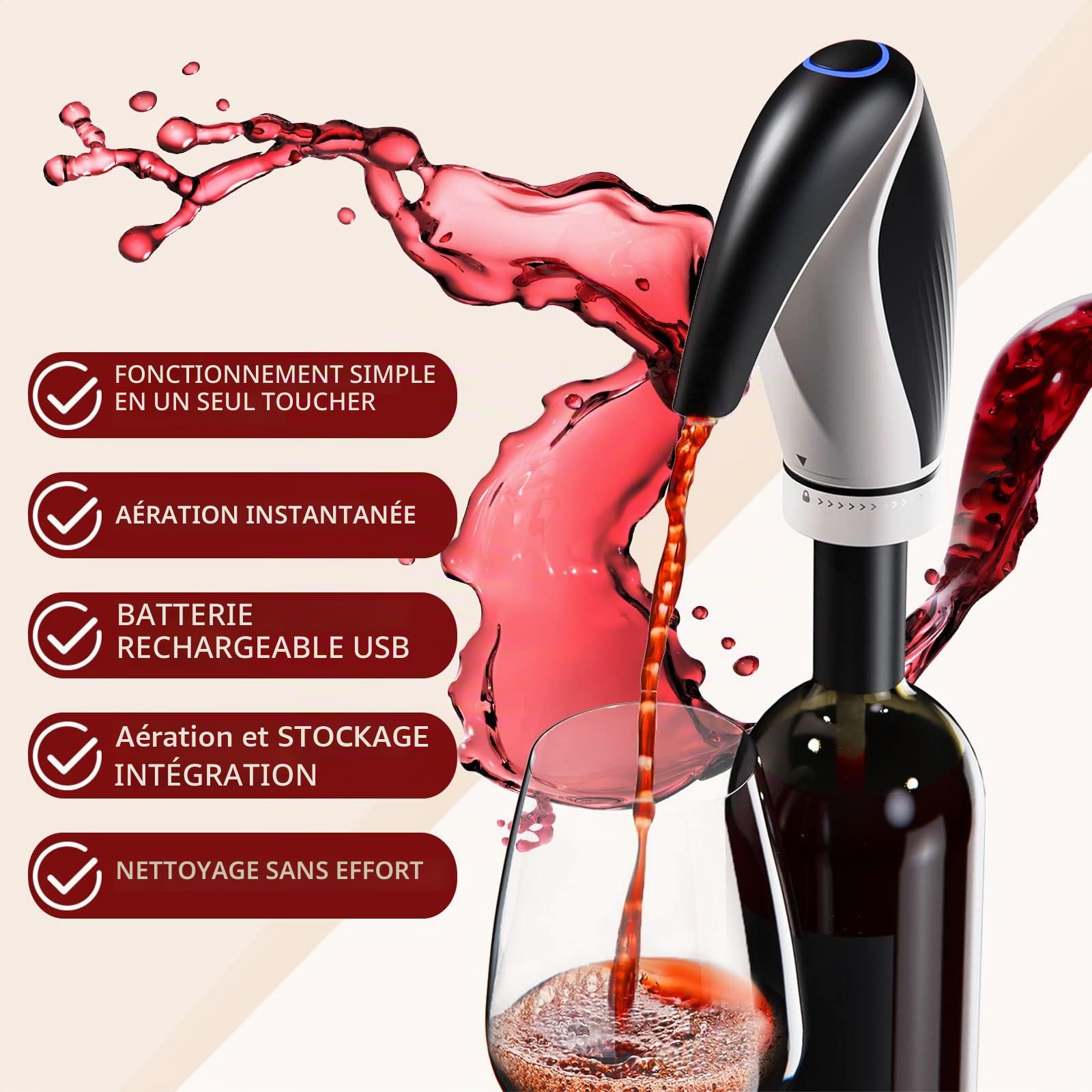 Carafe à Vin Électrique, Aérateur de Vin Automatique, Carafe Rechargeable Intelligente Pour Les Fêtes de Famille Avec 2 Bouchons de Vin, Noir