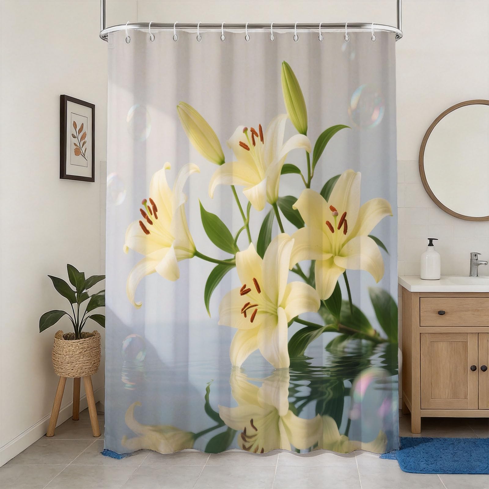 Hongduo 3D Lily Flower Shower Curtain for Stalls Bathtubs Flowers Print Bathroom Decor Shower Curtain Set Polyester Fabric Waterproof 180x180cm/71X71 Inch with Hooks