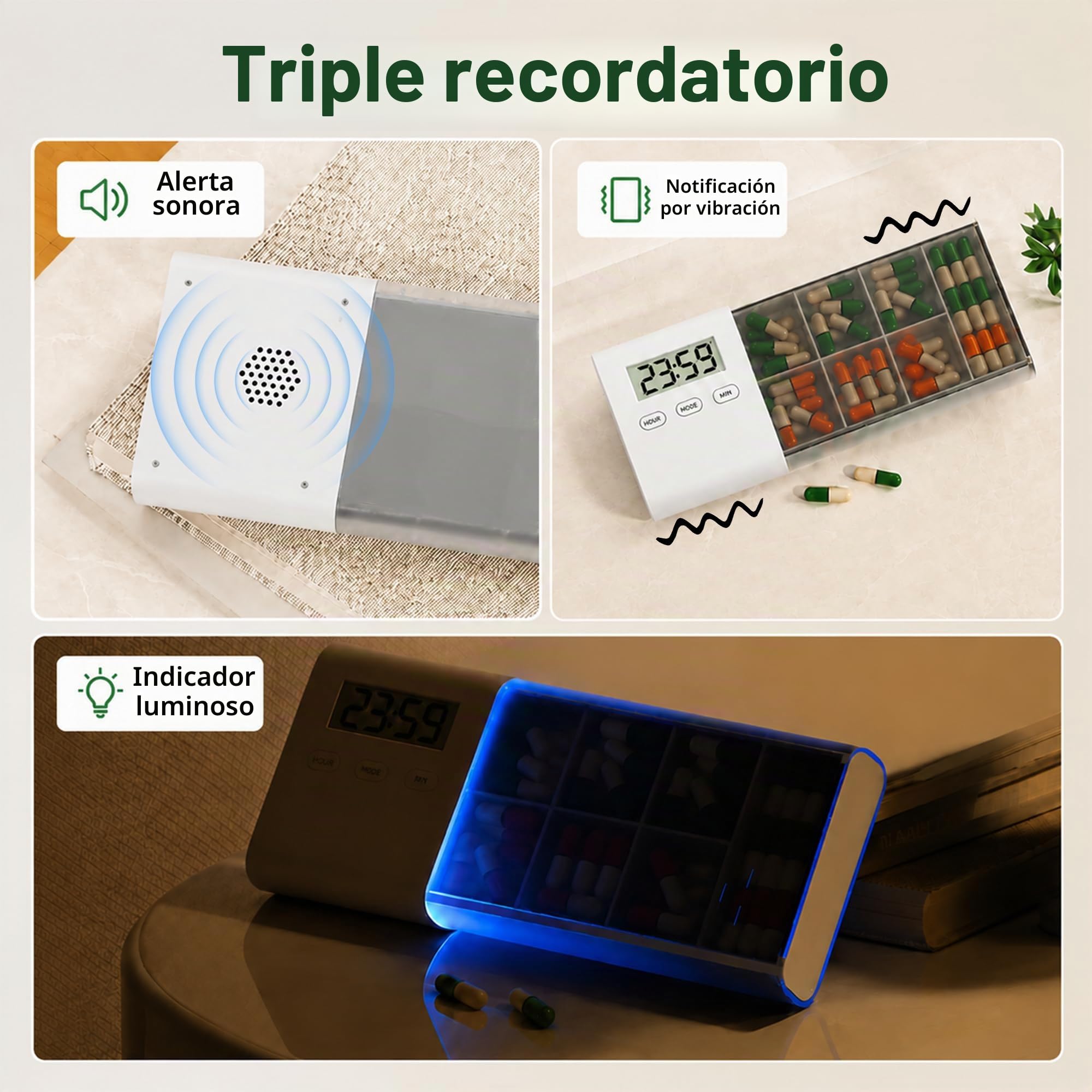Pastillero Electrónico con Alarma para Mayores, 5 Recordatorios Diarios