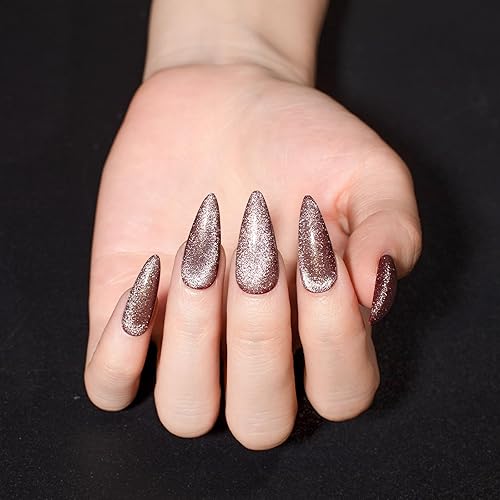 Miniatura 5 de Uñas postizas a presión con diseño de ojo de gato, uñas postizas hechas a mano con uñas acrílicas marrones con purpurina, uñas adhesivas de