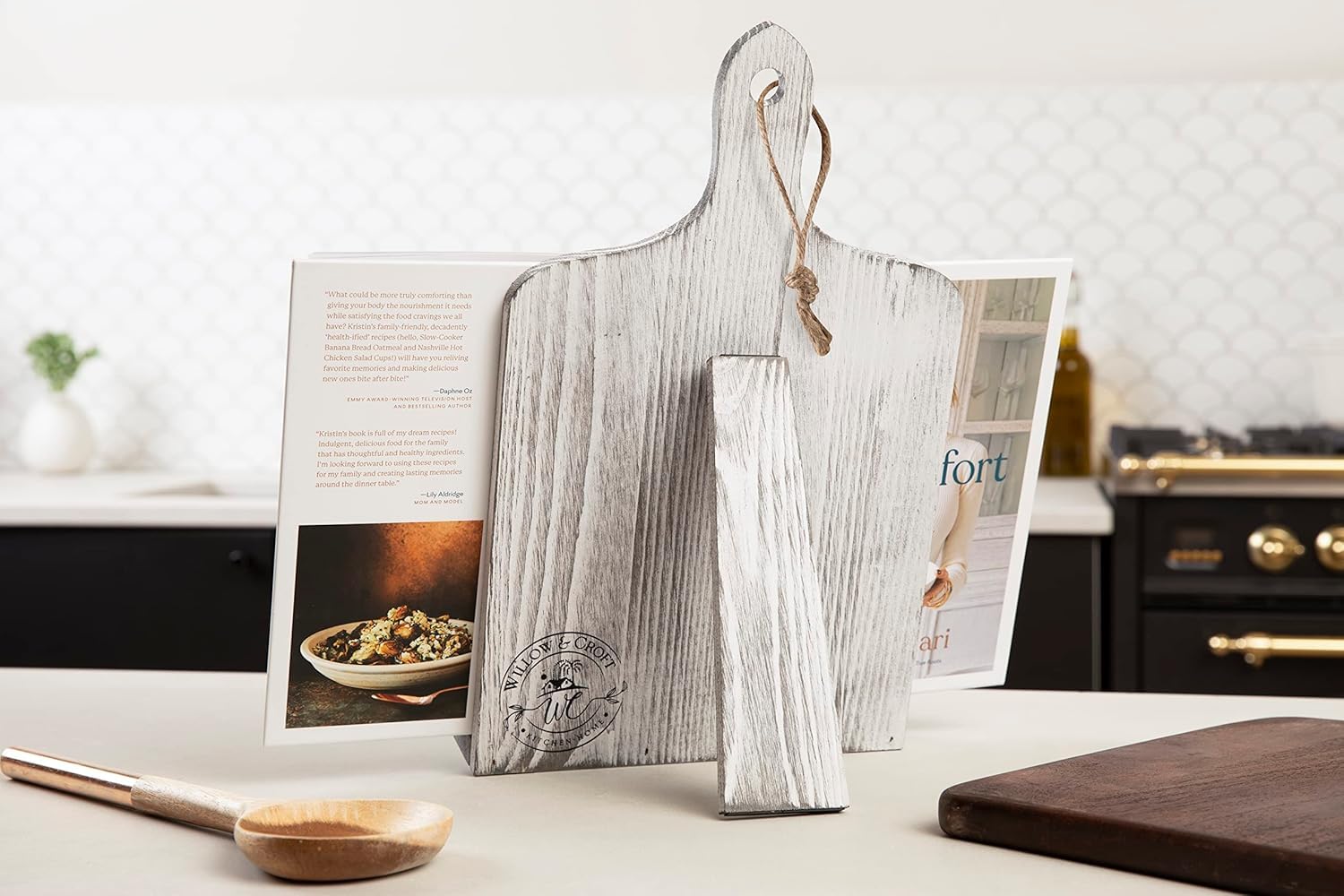Willow & Croft Stojak na książki kucharskie premium, stojak na deskę do krojenia, uchwyt na książkę kucharską, stojak na książkę kucharską, postarzany stojak na książkę kucharską na blat kuchenny