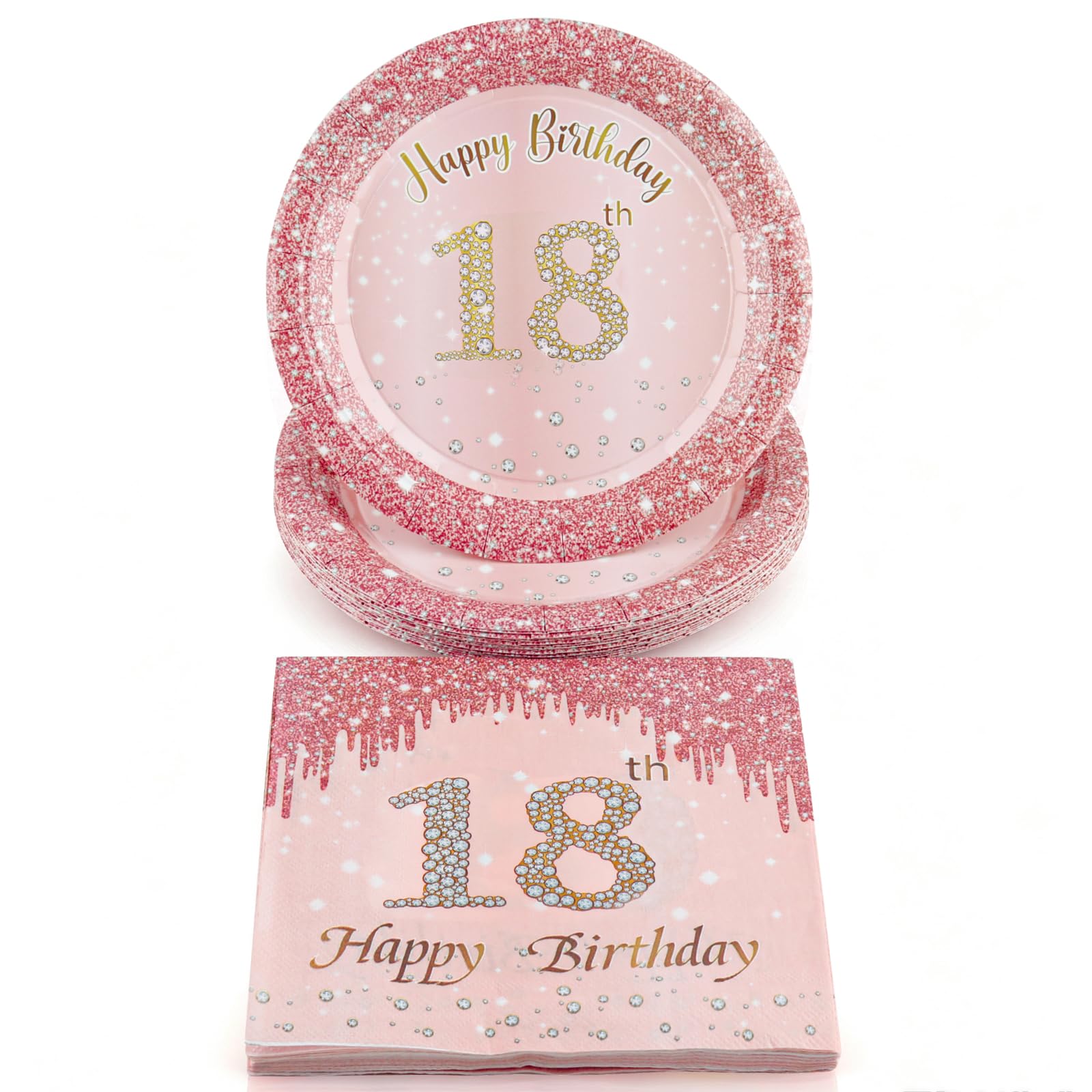 FUNCANDLE 40Pcs 18th Birthday Party Supplies, Rose Gold Diamond Disposable Paper Plates and Napkins Set, Serves 20 Guests, Happy 18th Birthday Table Decorations Girls Women Anniversary Party