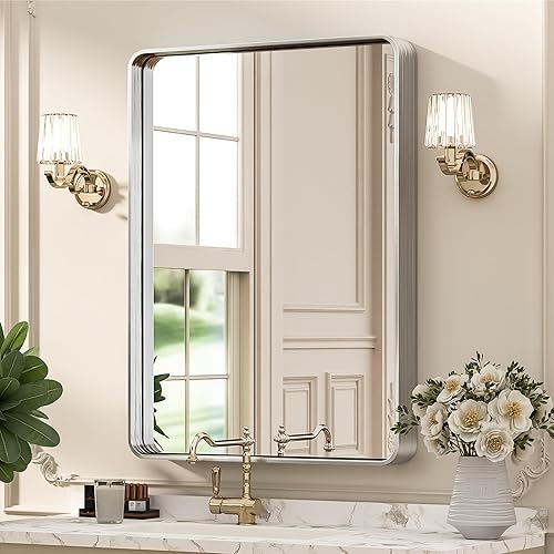 Suidia Bathroom Mirror, 22" x 30" Wall Mounted Vanity Brushed Rounded Corner Metal Framed, Rectangle Bathroom Vanity Mirror, Tempered Glass, Anti-Rust, Horizontal/Vertical