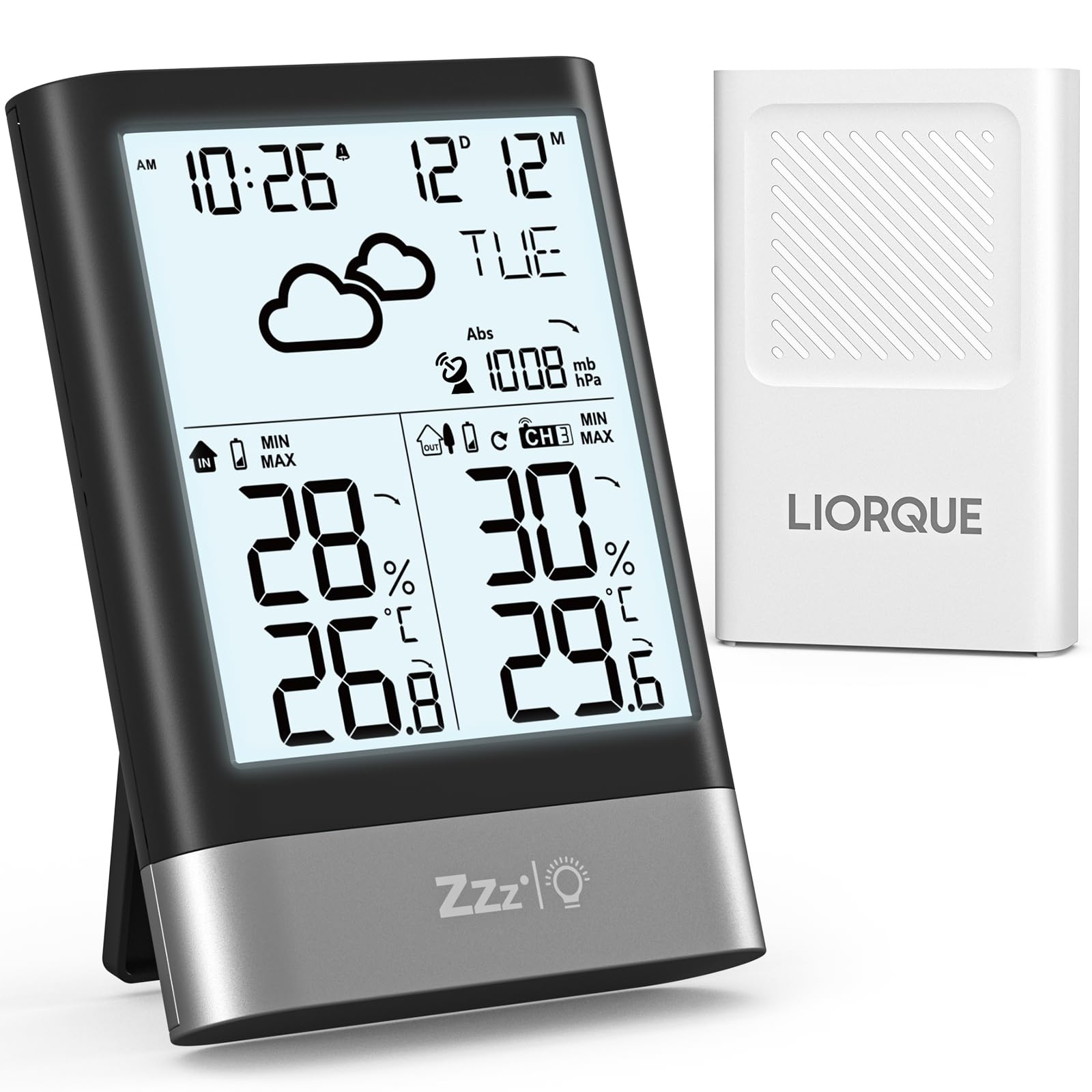 LIORQUE Estacion Meteorologica Interior Exterior con Función RCC, Estación Meteorológica con Sensor Exterior, Pantalla de Retroiluminación LCD Temperatura Humedad Presión Fecha Previsión Meteorológica