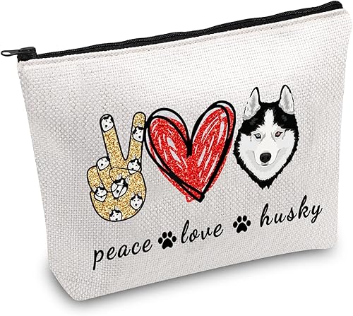 JXGZSO Divertido perro husky regalo paz amor husky bolsa de cosméticos husky amante de perros regalo bolsa de maquillaje bolsa de cremallera para