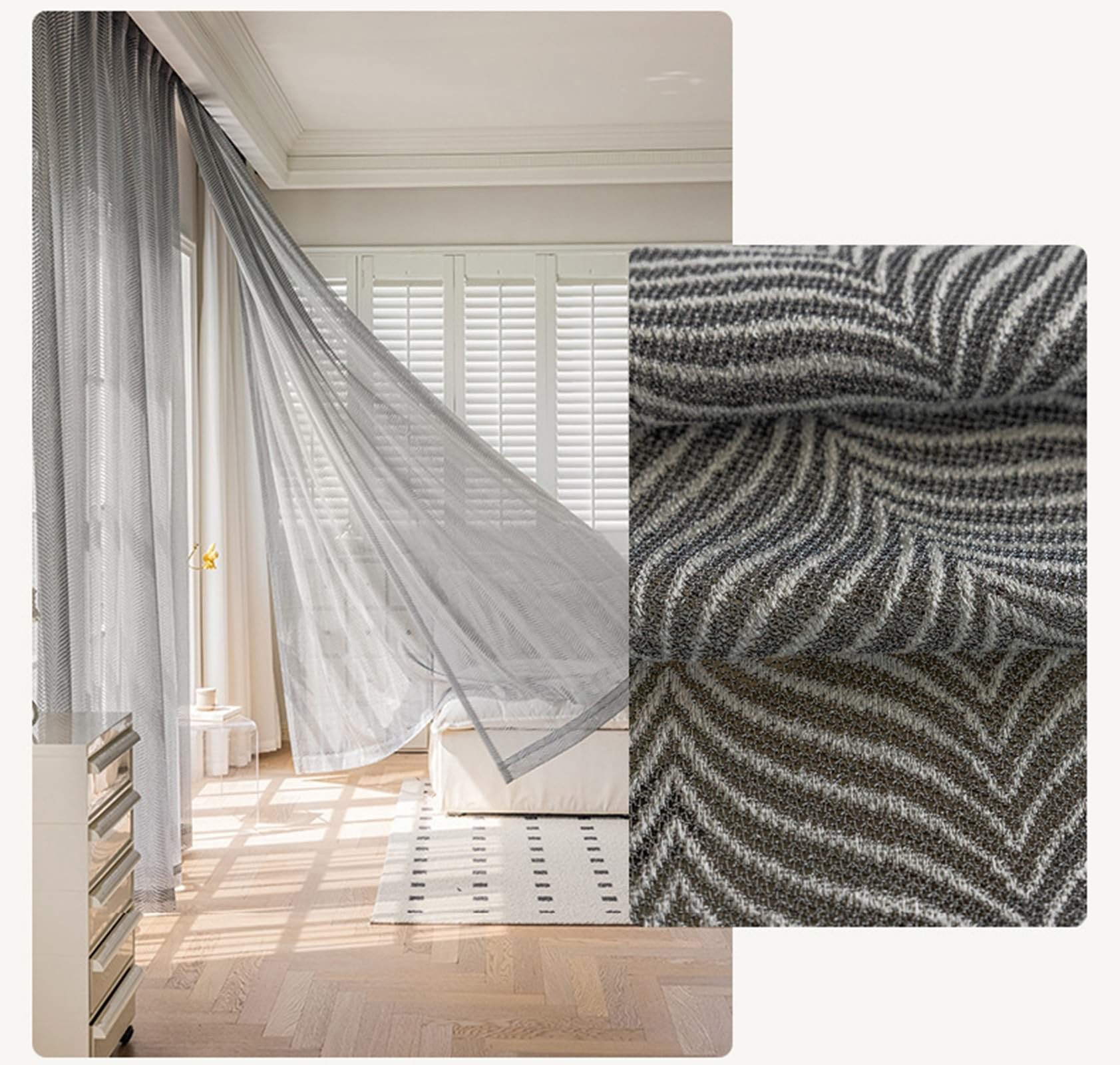 Rideaux Voilage 86x183, Rideau Fenêtres Salon Polyester Fil Noir Texturé à Chevrons, Oeillet, Lot de 2