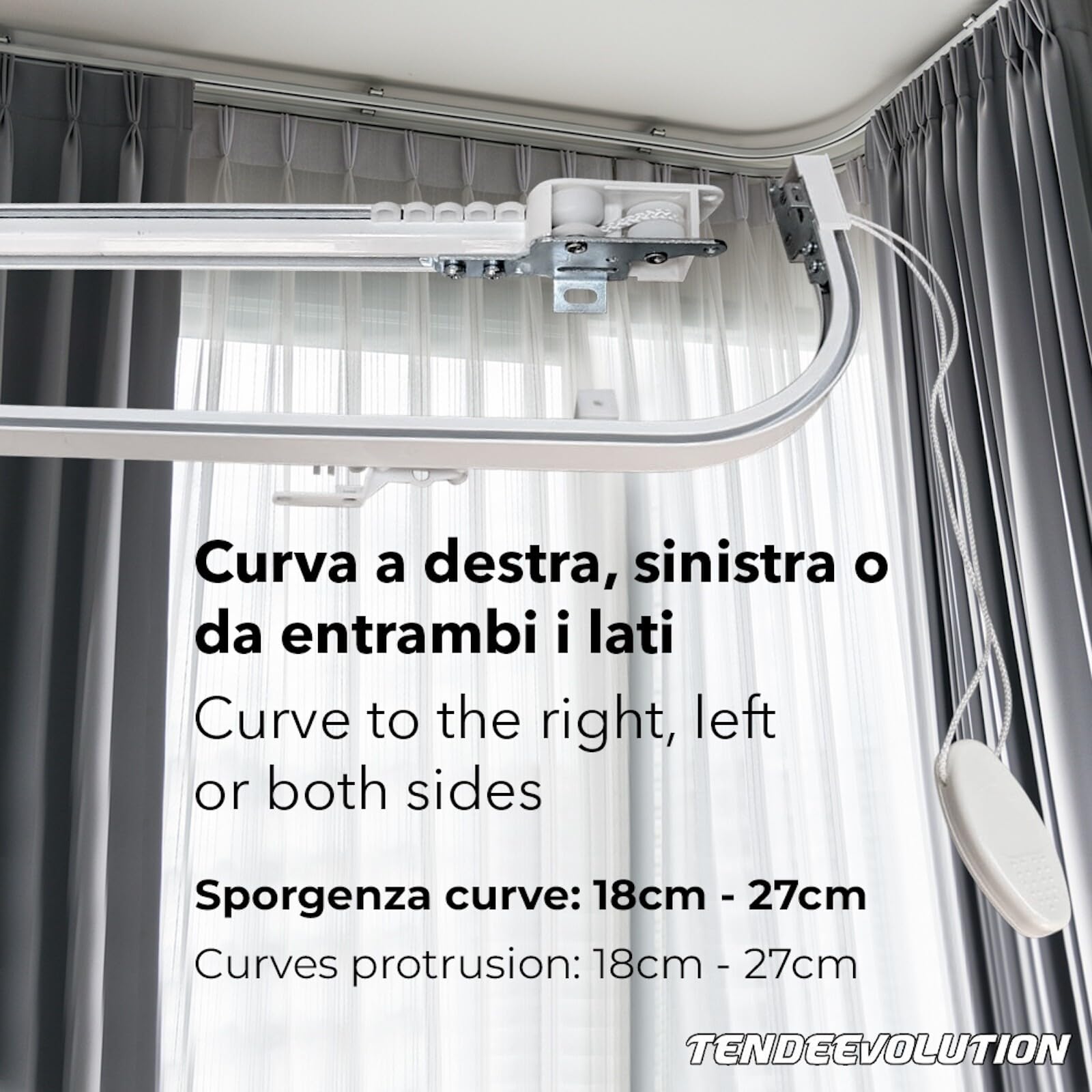 Binario Tenda Soffitto Curvo alle estremità in Alluminio Bianco Personalizzabile, Completo di Accessori per il Fissaggio, Bastone Tende a Soffitto o Parete Scorrevole (170CM APERTURA CENTRALE)