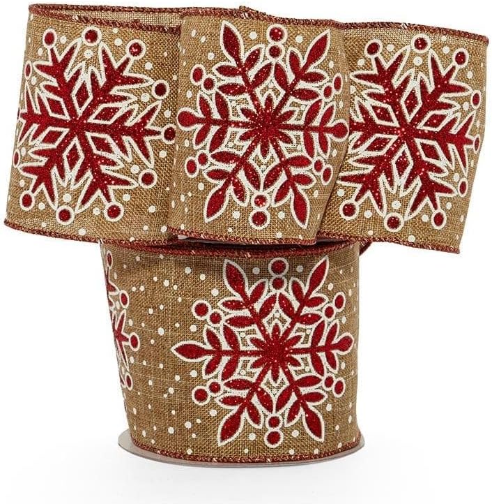 4" X 10 Yards Snowflake Natural Fabric Wide Ribbon Christmas