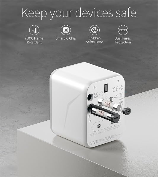 Worldwide Travel Adapter with USB, FSTravelP Universal Plug Adapter with 2 USB & International AC Socket, Dual 10A Fuses, All In One Travel Plug Adapter Worldwide for USA UK EU AU CN 150+ Countries - 4