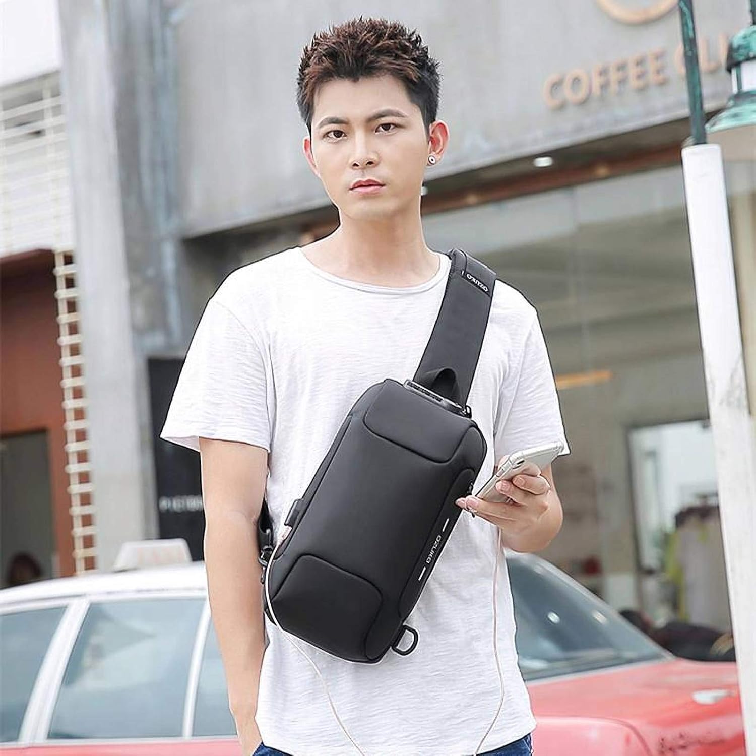 OZUKO sling bag for men anti theft backpacks with usb charger Travel Hiking Chest Bag Daypack water proof (Dark Gray)