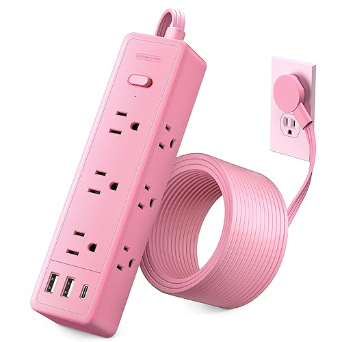 Pink Power Strip, NTONPOWER Surge Protector Power Strip 5FT Flat Extension Cord, 9 Outlets 3 USB Ports(1 USB C), Wall Mount, 1080J, Multiple Outlets for Home Office, Vanity Desk, Nightstand,Women - 5FT - Pink