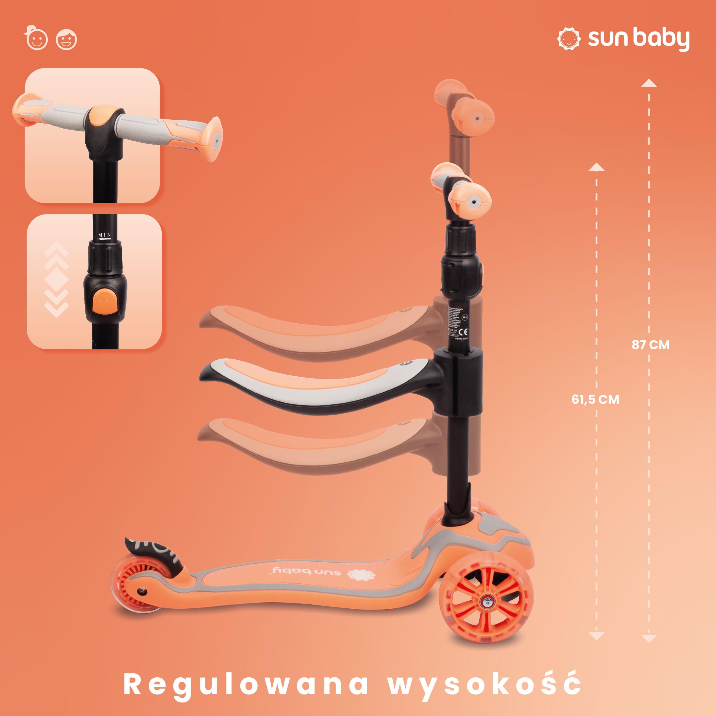 SUN BABY Hulajnoga 3-Kołowa dla Dzieci od 3 Roku Koła LED Regulowana | regulowana kierownica, skuter dziecięcy, stabilna konstrukcja, zabawa na świeżym powietrzu, rozwój równowagi