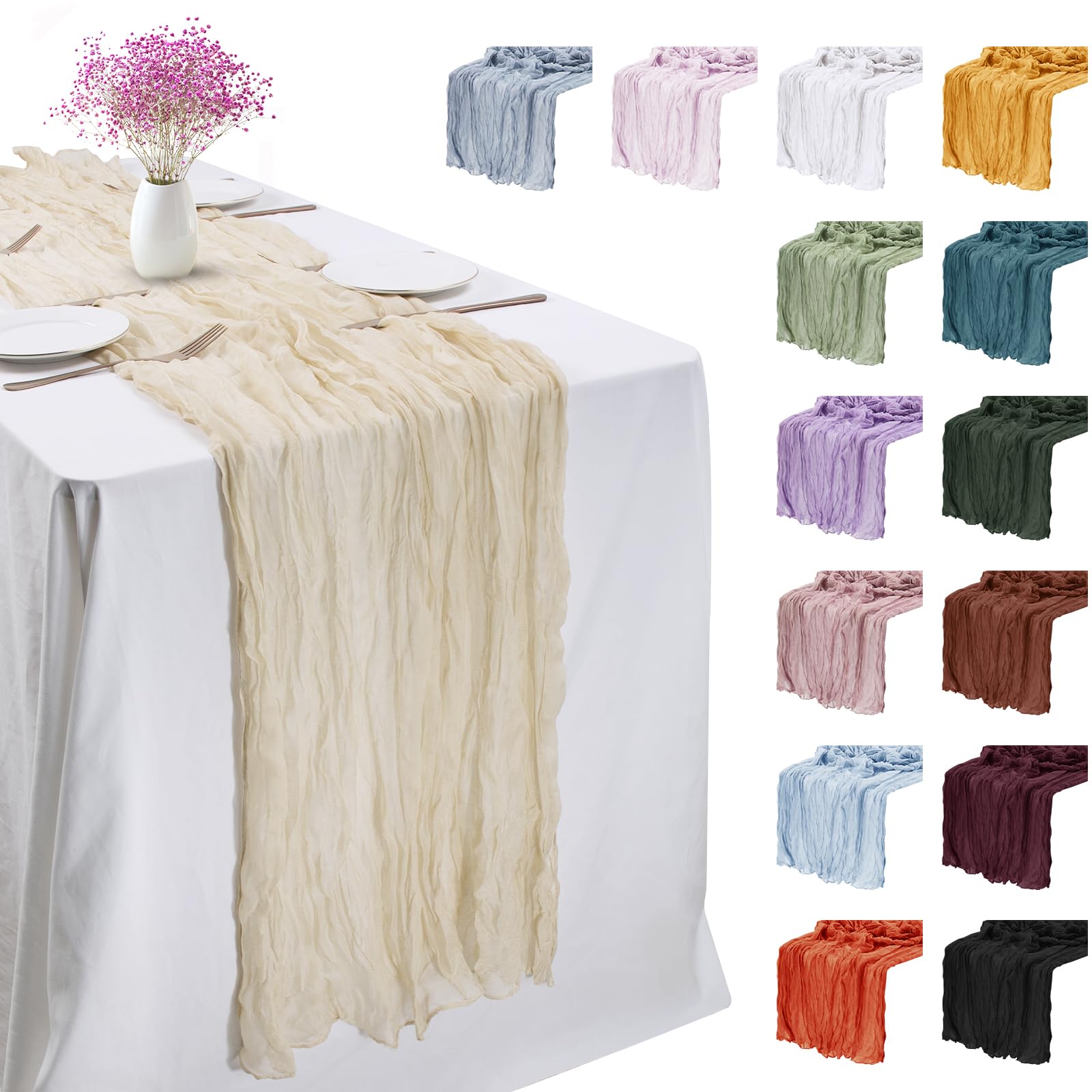 LEREATI 3 Pack Beige Cheesecloth Table Runner 90cm x 300cm Chiffon Gauze Fabric Sheer Cheese Cloth Table Runner for Dresser Birthday Wedding Dining Room Summer Boho Decoration