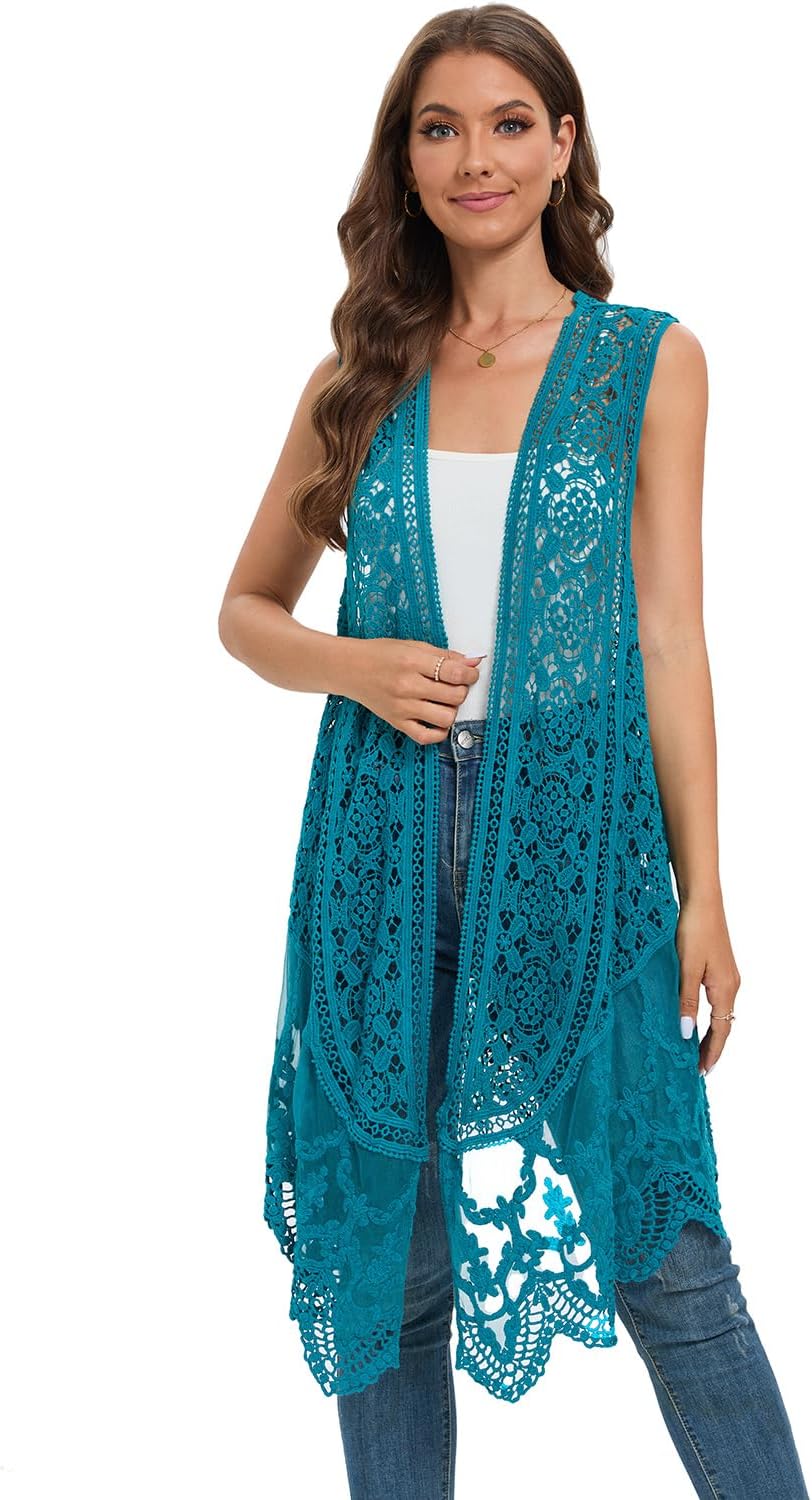 Sheer Cardigan Crochet Sleeveless Cover Up Mesh Patchwork Hippie Vest - Image 3