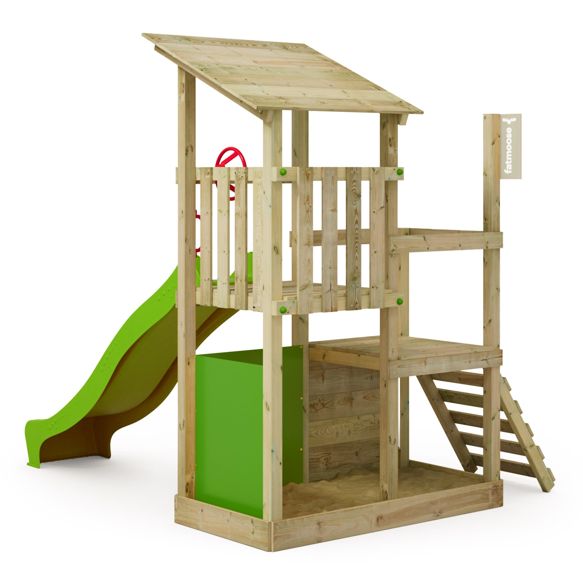 FATMOOSE Spielturm Klettergerüst FruityForest Fun XXL mit Rutsche, Outdoor Kinder Kletterturm mit Sandkasten, Leiter & Spiel-Zubehör für den Garten (apfelgrün)