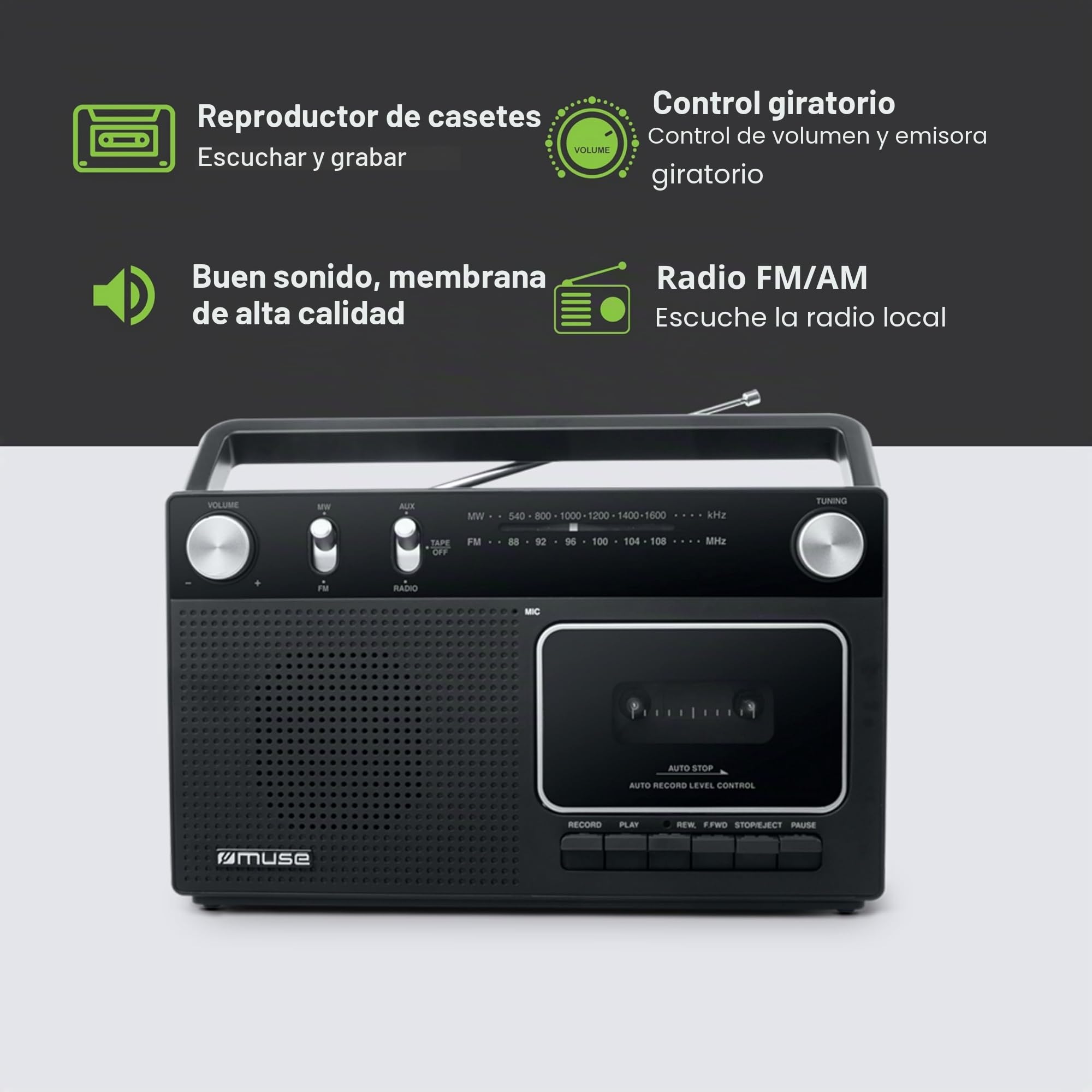 Muse M-152 RC Retro - Grabador de Casetes con Función de Grabación (Radio FM y Am, Entrada Aux, Antena Telescópica), Color Negro
