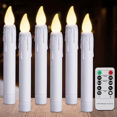 Velas cónicas blancas sin llama de 6.7 pulgadas con temporizador remoto, 6 luces flotantes parpadeantes colgantes blancas cálidas, velas LED para
