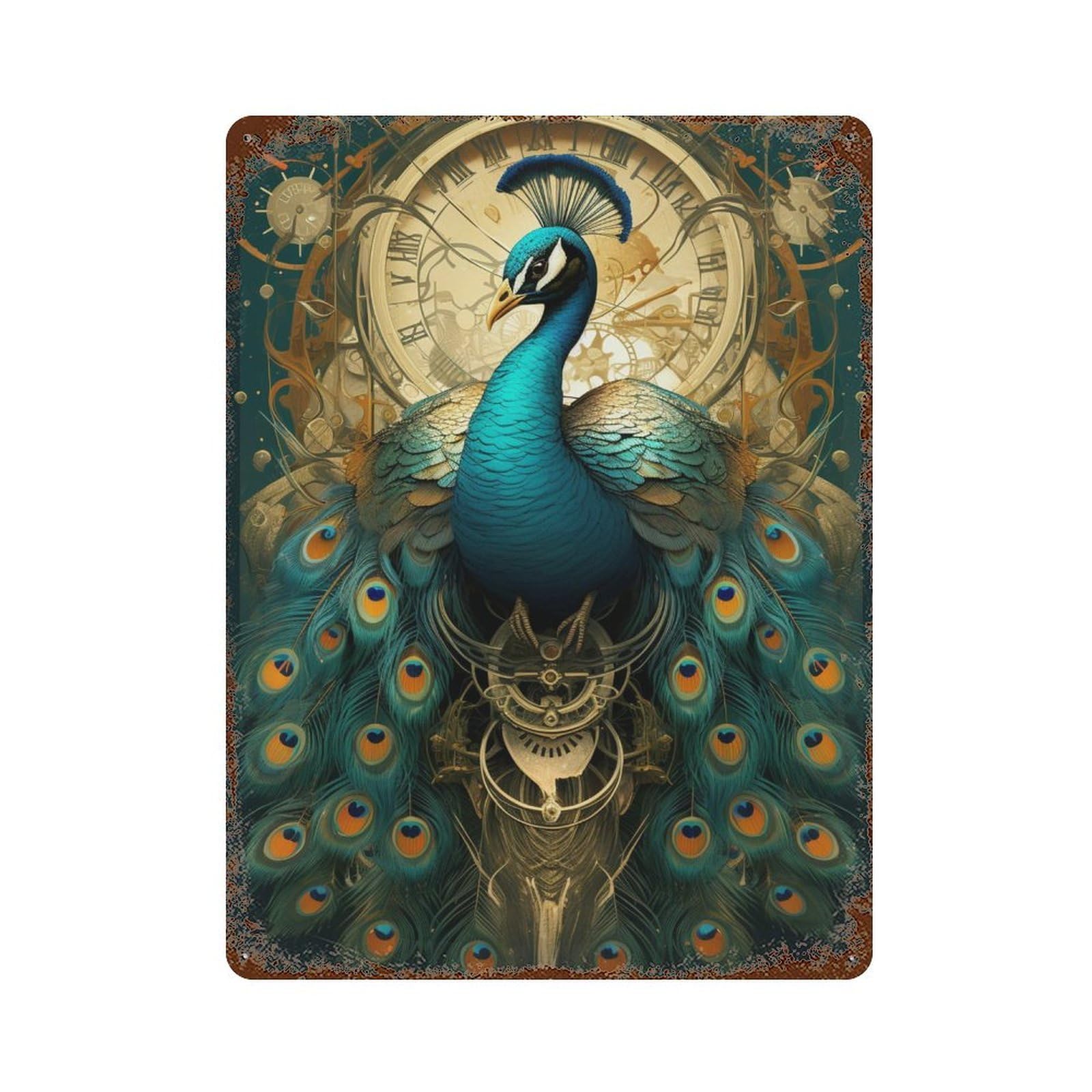 Steampunk Peacock Art Print 15.7"x11.8" Rustic Tin Plaque, Retro Wall Decor for Garage, Bar And Workshop Decor