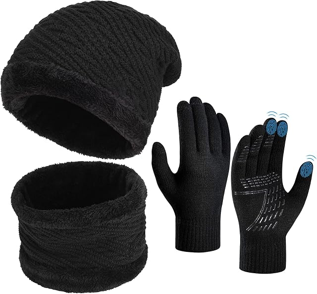 Winter Hat Scarf Gloves Set - Thermal Warm Knitted Beanie Cap Circle Neck Warmer Touchscreen Glove Outdoor Sports Super Soft Fleece Inner Lining Stretchy Elastic Gift for Men Women