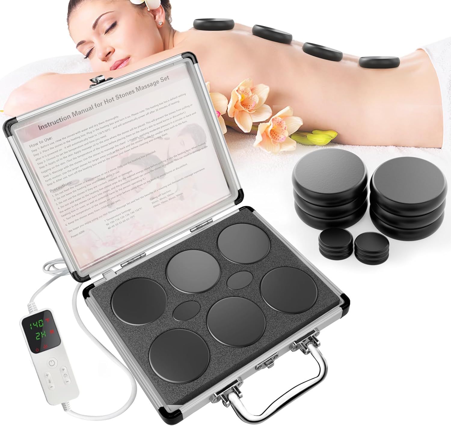 12Pcs Hot Stones Massage Set with Temperature Adjustment，Hot Rocks Massage Stones Set with Warmer Kit， Basalt Hot Rocks Stone for Spa-Lymphatic Drainage, Relieve Tension and Muscle Pain