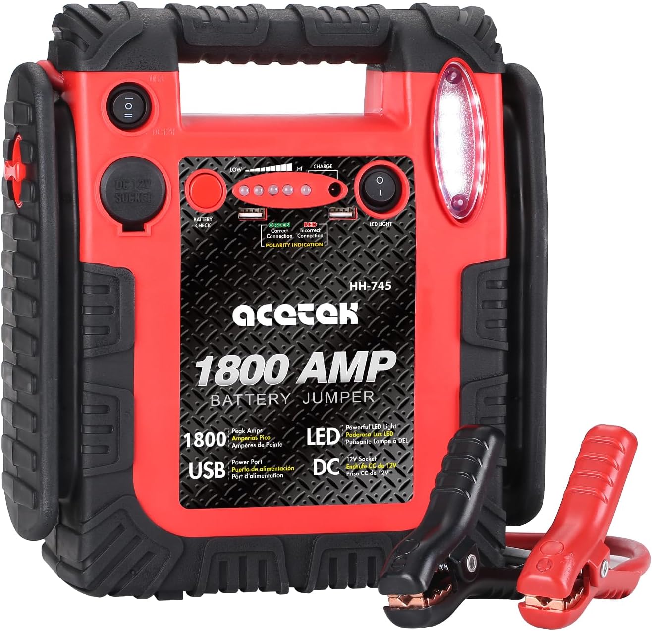1800 Amp Car Jump Starter Portable Battery Charger, 20000 mAh Emergency Supply Power Pack (Up to 6 L Gas or 6 L Diesel Engine), 12V Auto Lead-Acid Battery Booster with LED Light & USB Ports