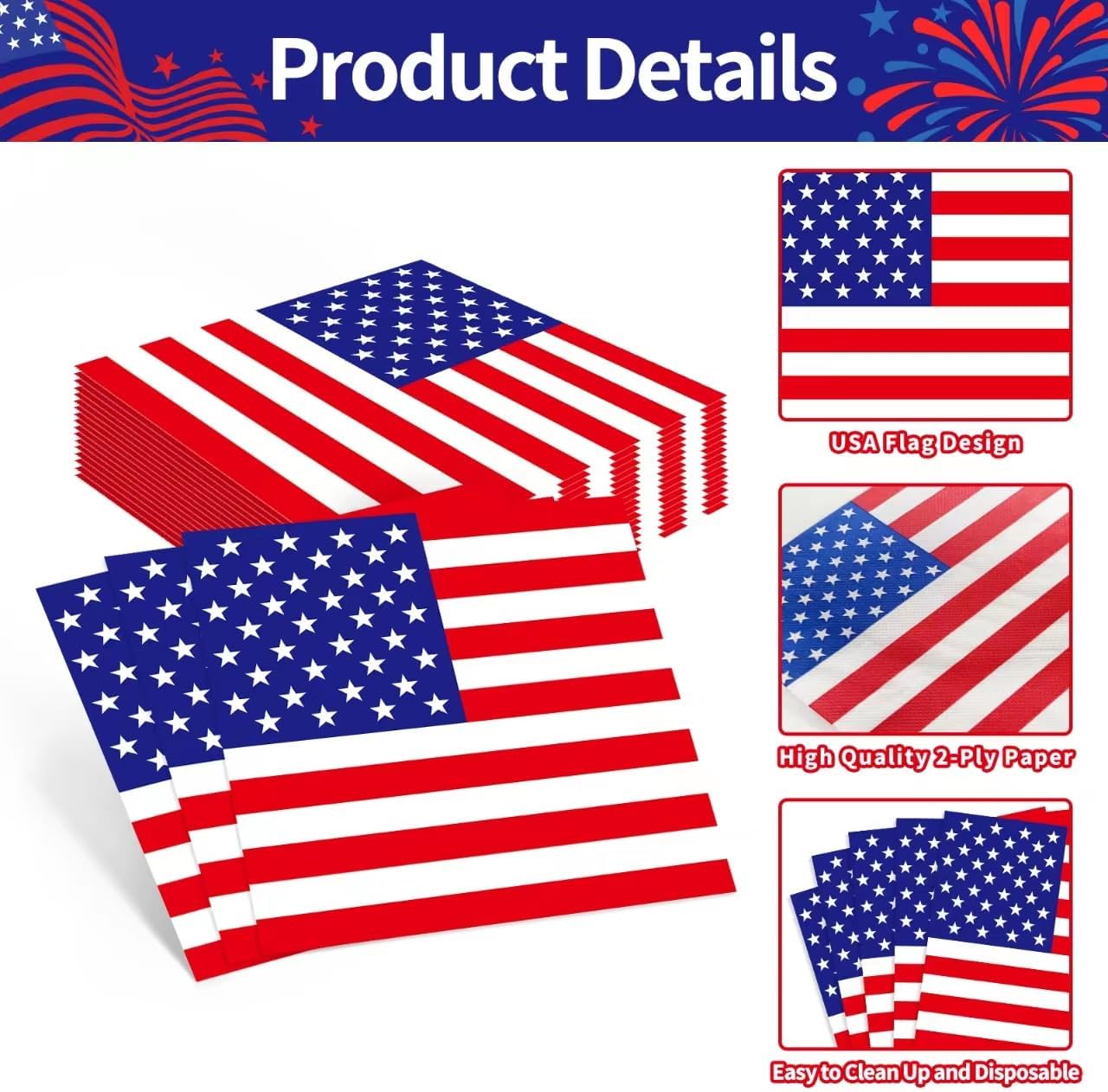 Pack of 50, American Flag Napkins, Patriotic USA Flag Design, Red White Blue Disposable Paper Napkin for 4th of July, Independence Day, Memorial Day, Veterans Day Celebration, 13x13 Inches Unfolded