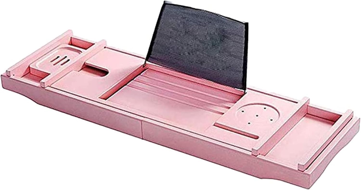 Bamboo Bathtub Caddy Tray with Glass Holder Expandable Design for Most Bathtubs Sturdy Stylish and Pink 75 110 * 23 * 5cm