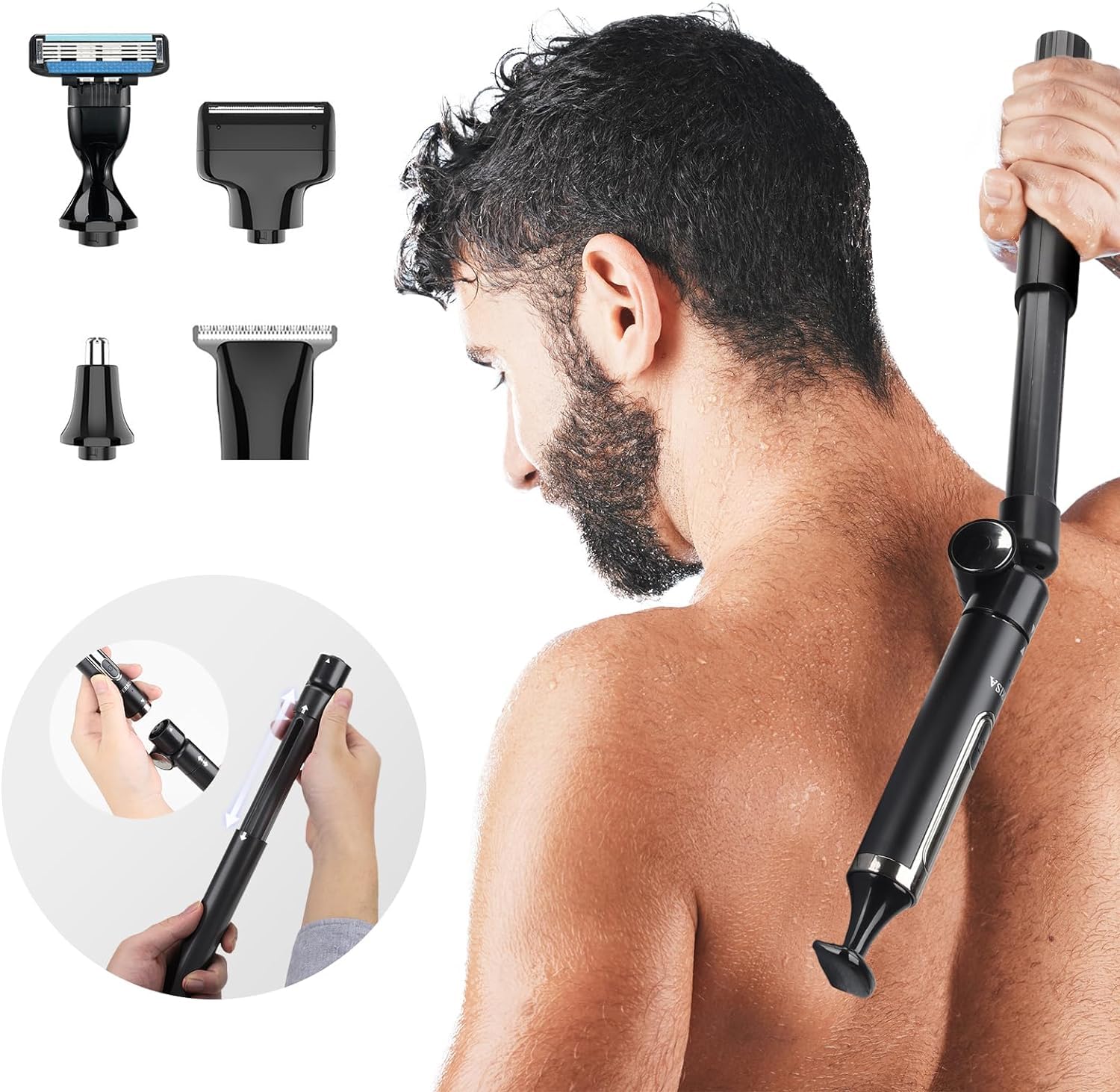 FERRISA Back Shaver for Men Electric Shavers for Men with Detachable and Extendable Long Handle 5-in-1 Self-Service Body Hair Trimmer for Wet or Dry Shaving Black (Black)