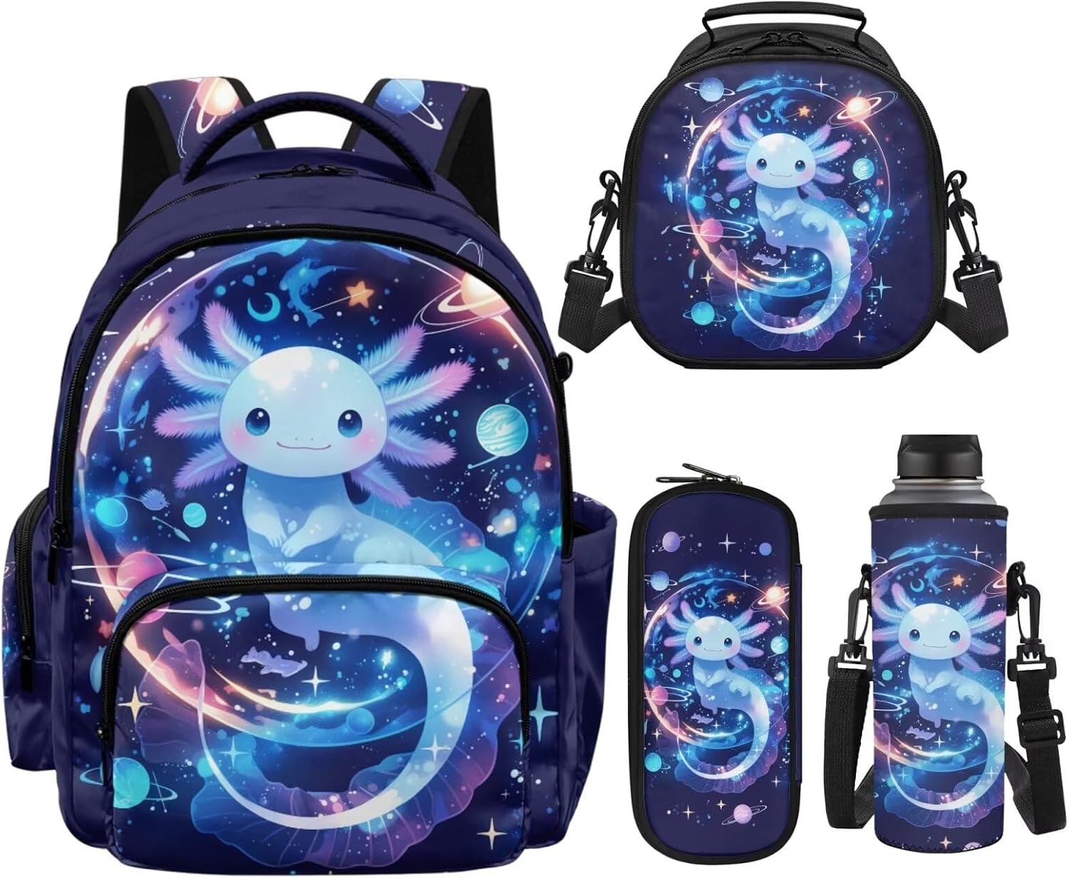 POLERO Axolotl Backpack and Lunch Box for Girls Age 6-8 17" 25L Large Capacity Water Resistant Cute Bookbag with Padded Straps for Elementary School