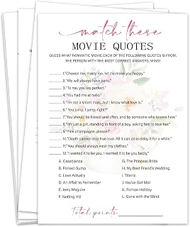 Match These Movie Quotes Bridal Shower Games, Tea Party Bridal Shower Games Cards Set of 30 with 1 Answer Card, Pink Floral Wedding Engagement Bachelorette Party Activity Reception Supplies-B16