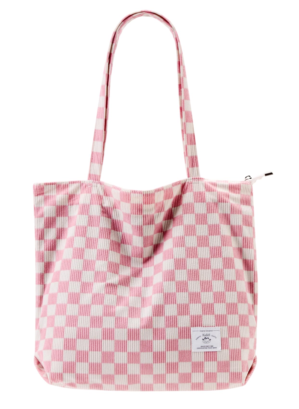 KALIDI Women Corduroy Tote Bag Zipper Casual Tote's Handbag Big Capacity Shoulder Bag with Pockets Checkerboard Pink
